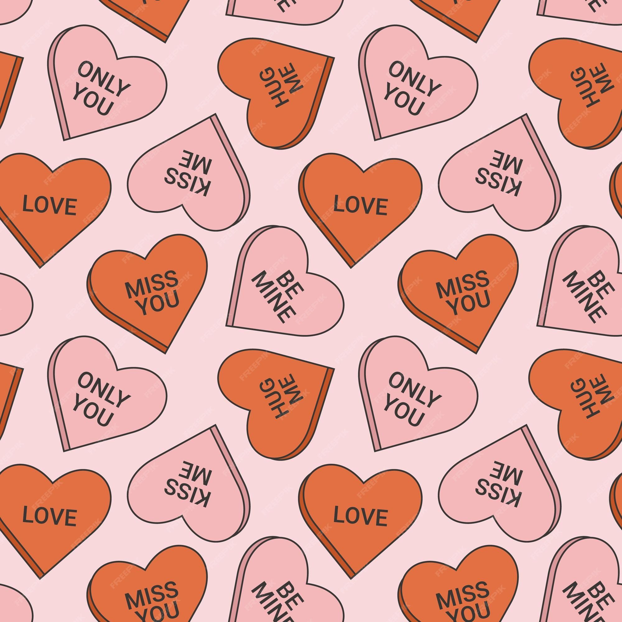 Premium Vector. Seamless pattern in trendy retro groovy style with valentines day elements red and pink candy hearts