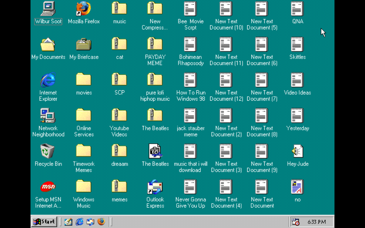 A computer screen with many different icons - Windows 98