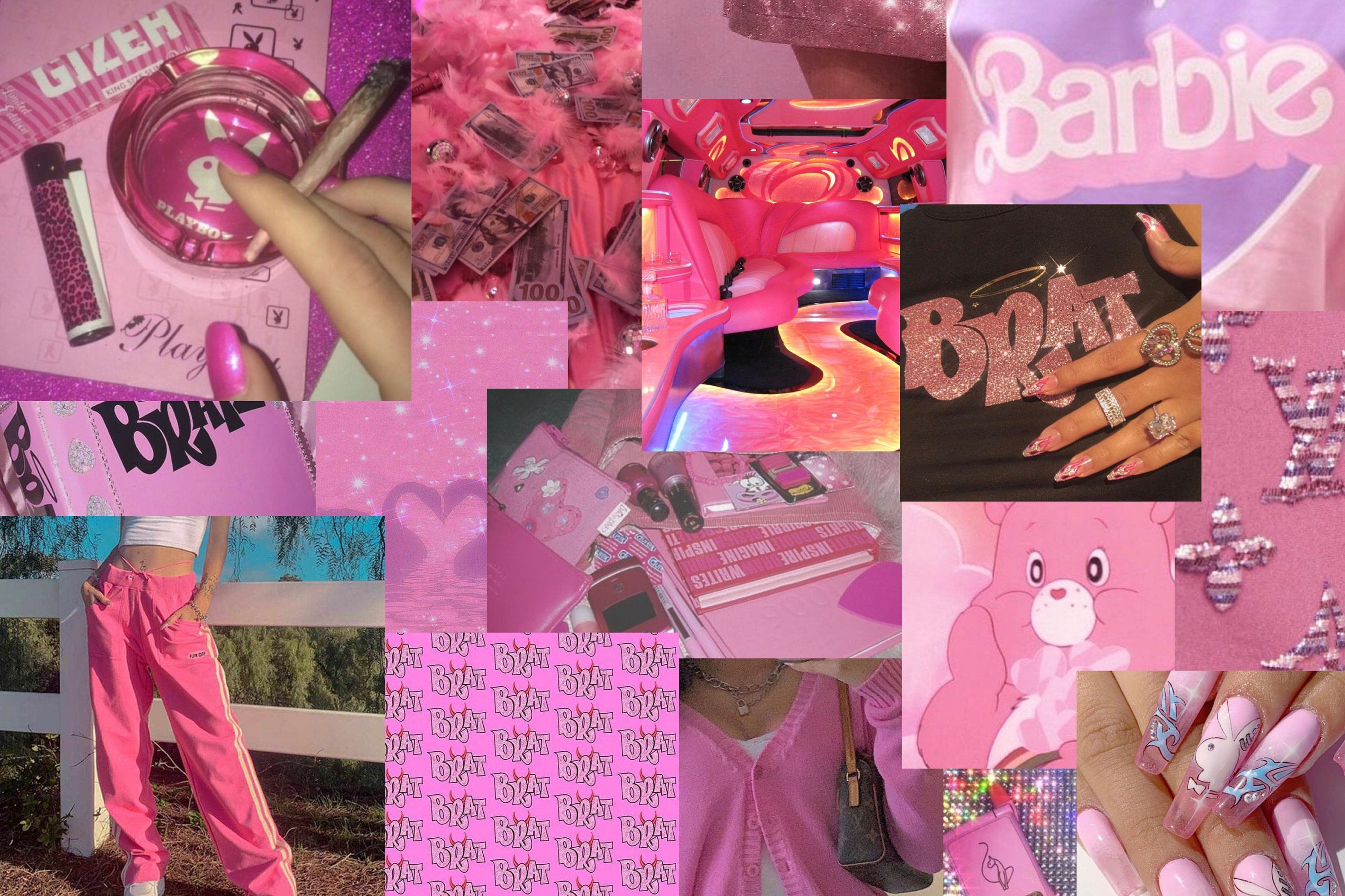 A collage of pink aesthetic images, including a pink Barbie logo, pink fluffy socks, and pink and white nail polish. - 2000s