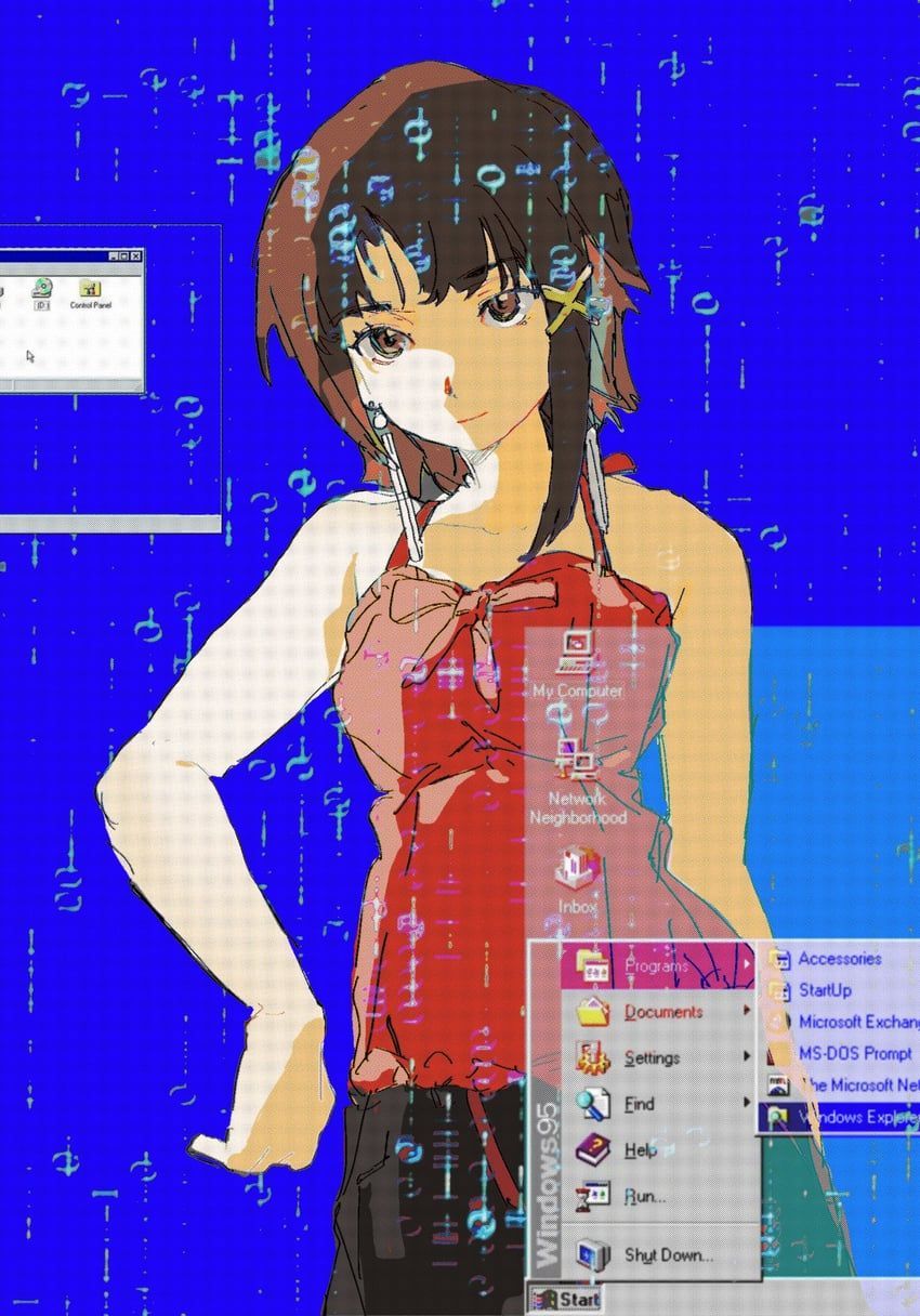 A Windows 98 desktop is shown with a girl in a red shirt and black skirt standing in front of it. - Windows 95