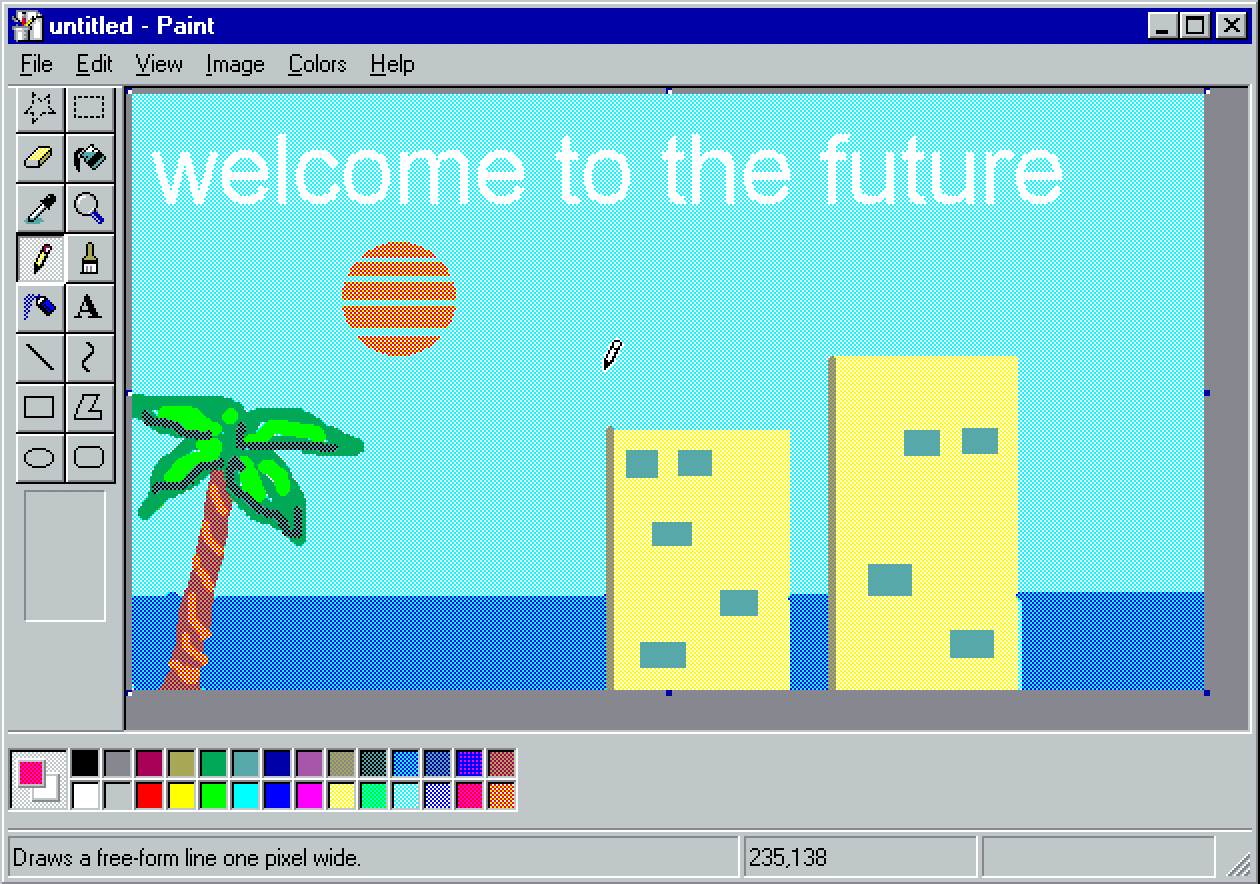 A computer screen showing the word welcome to future - Windows 98