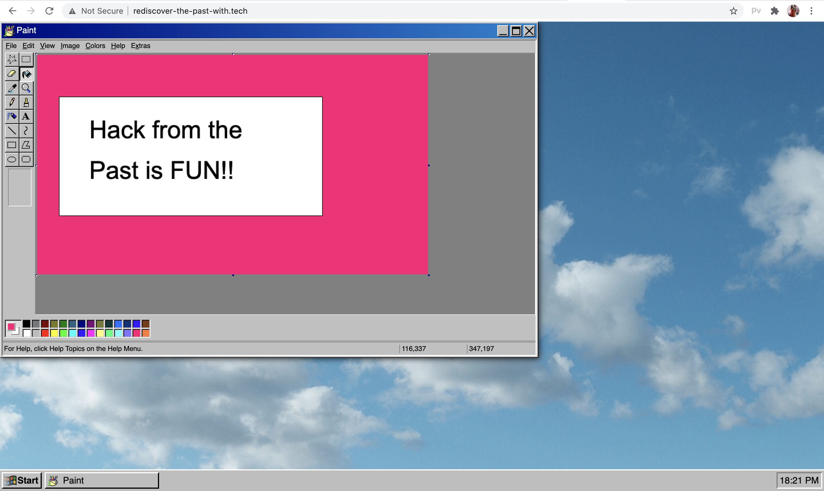 A screenshot of a computer screen with a cloud background and a pink box with the words 