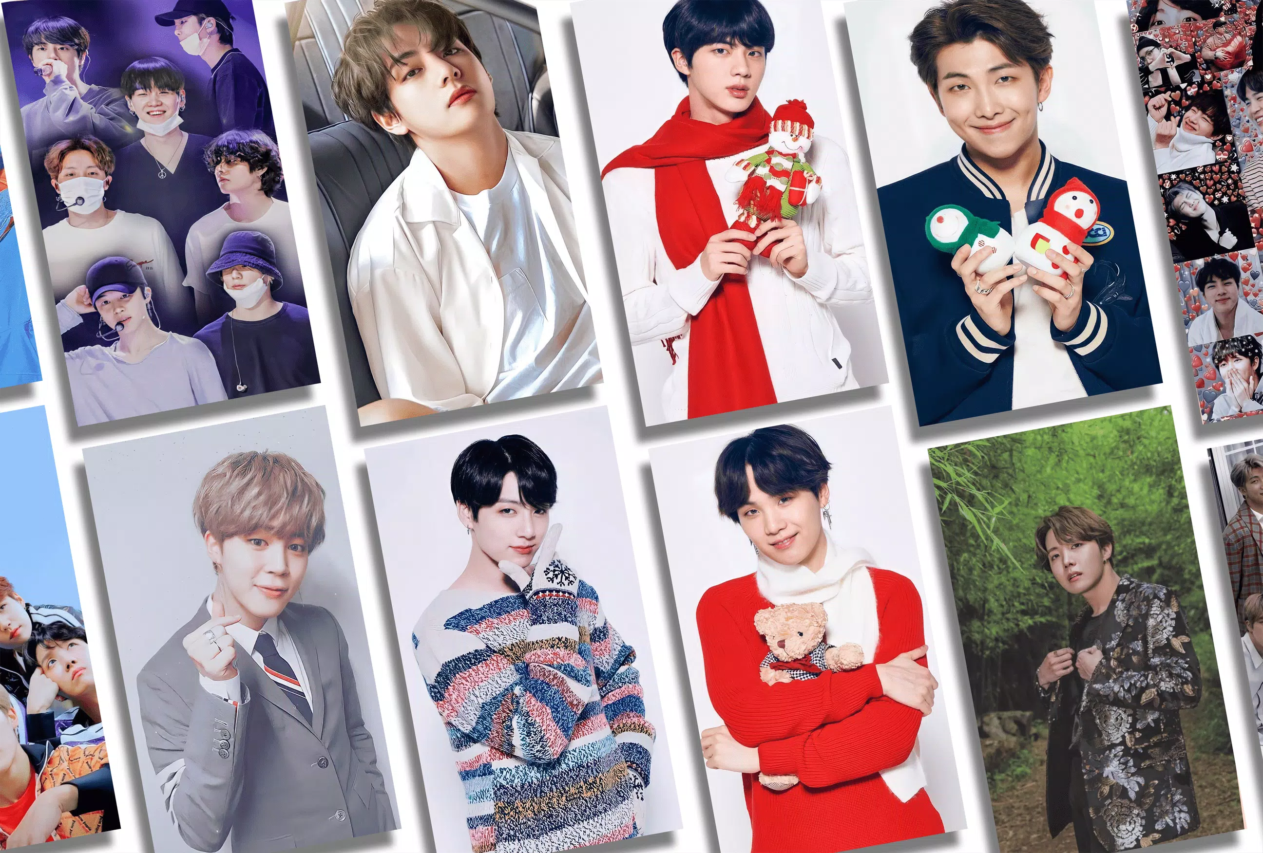 A collage of BTS members in various photos. - BTS