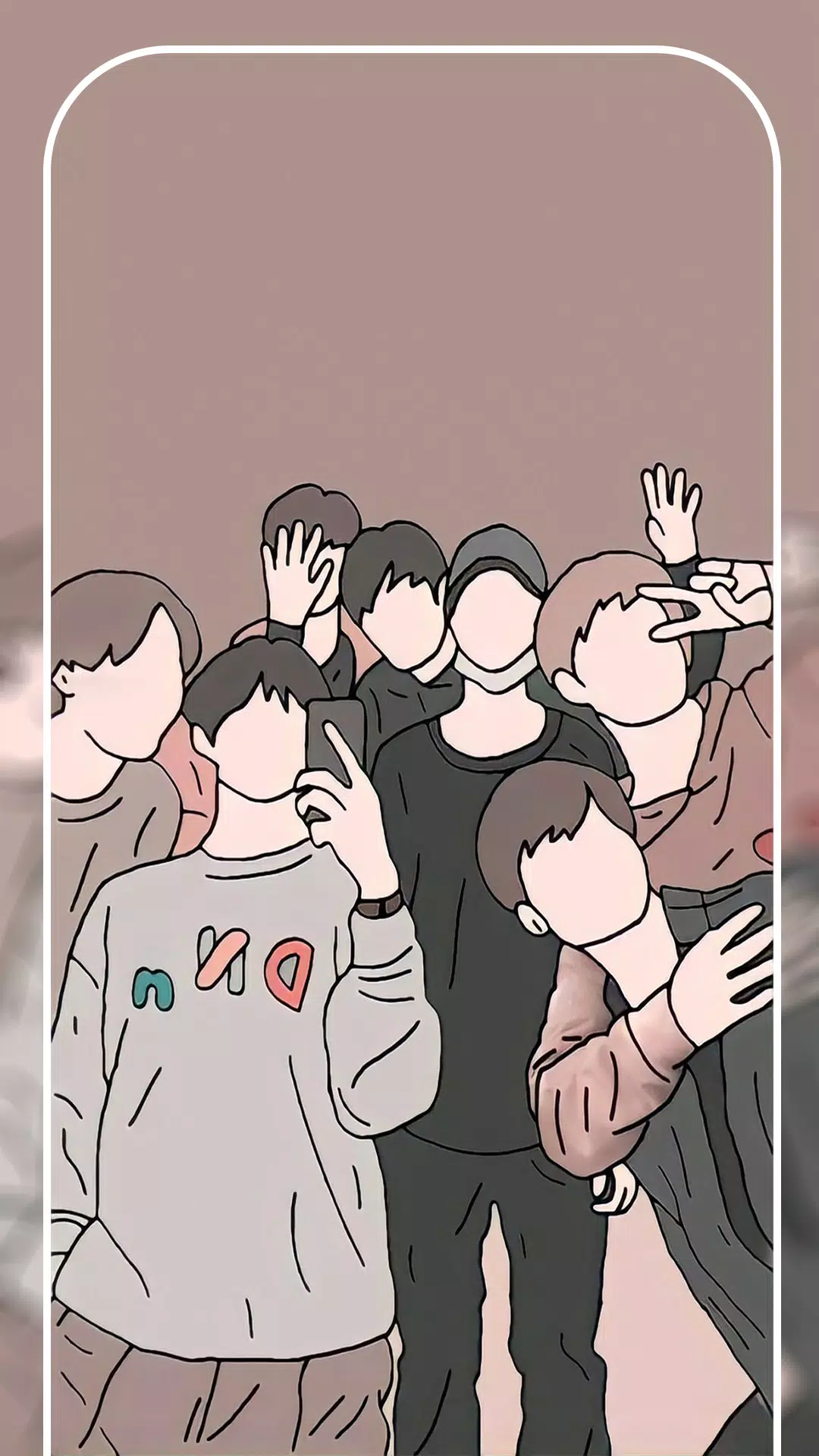 This is a cartoon picture of a group of people with their hands in the shape of a V. - BTS
