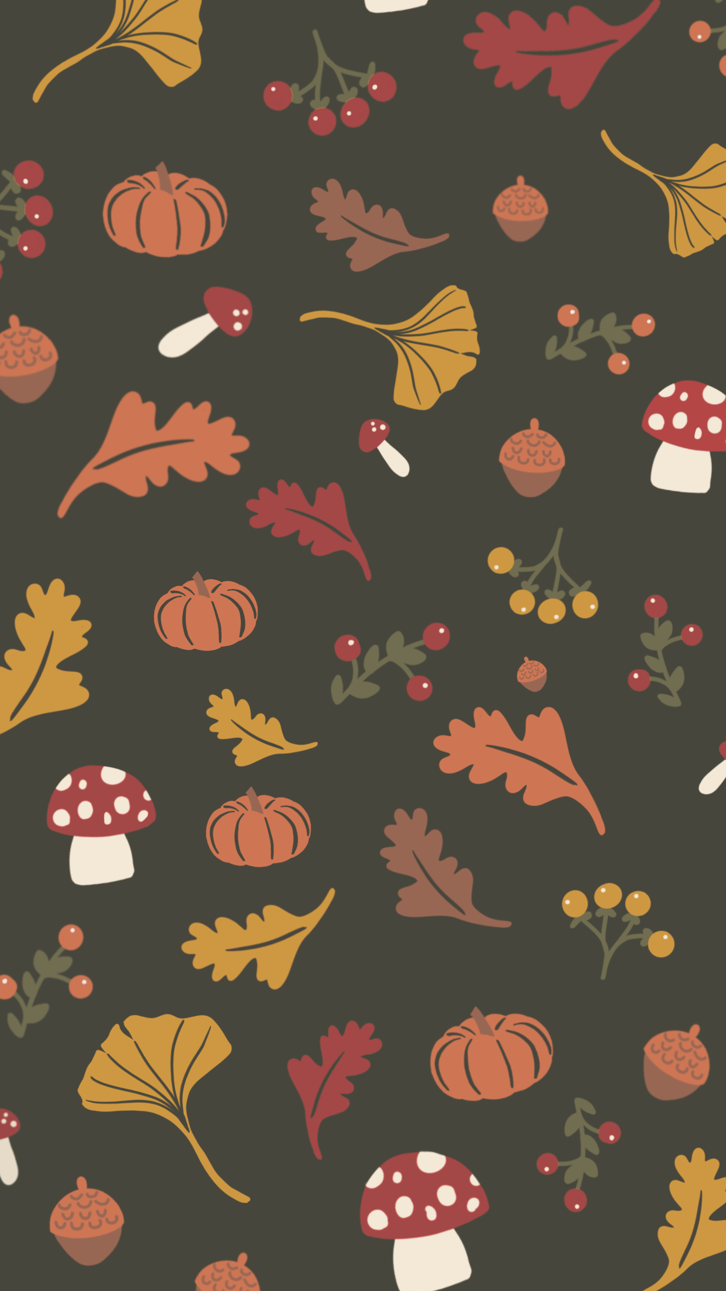 A pattern of mushrooms, leaves and acorns - Thanksgiving