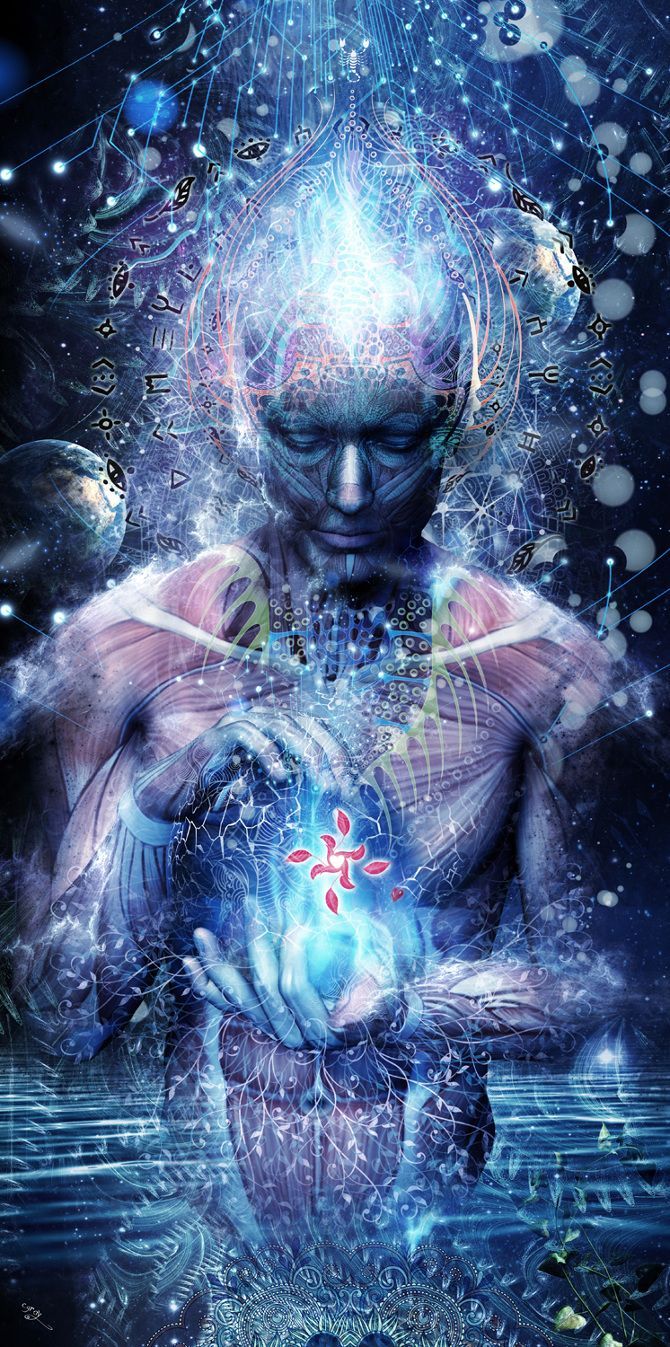 A blue and purple image of a man with his hands cupping a red and blue orb. - Spiritual