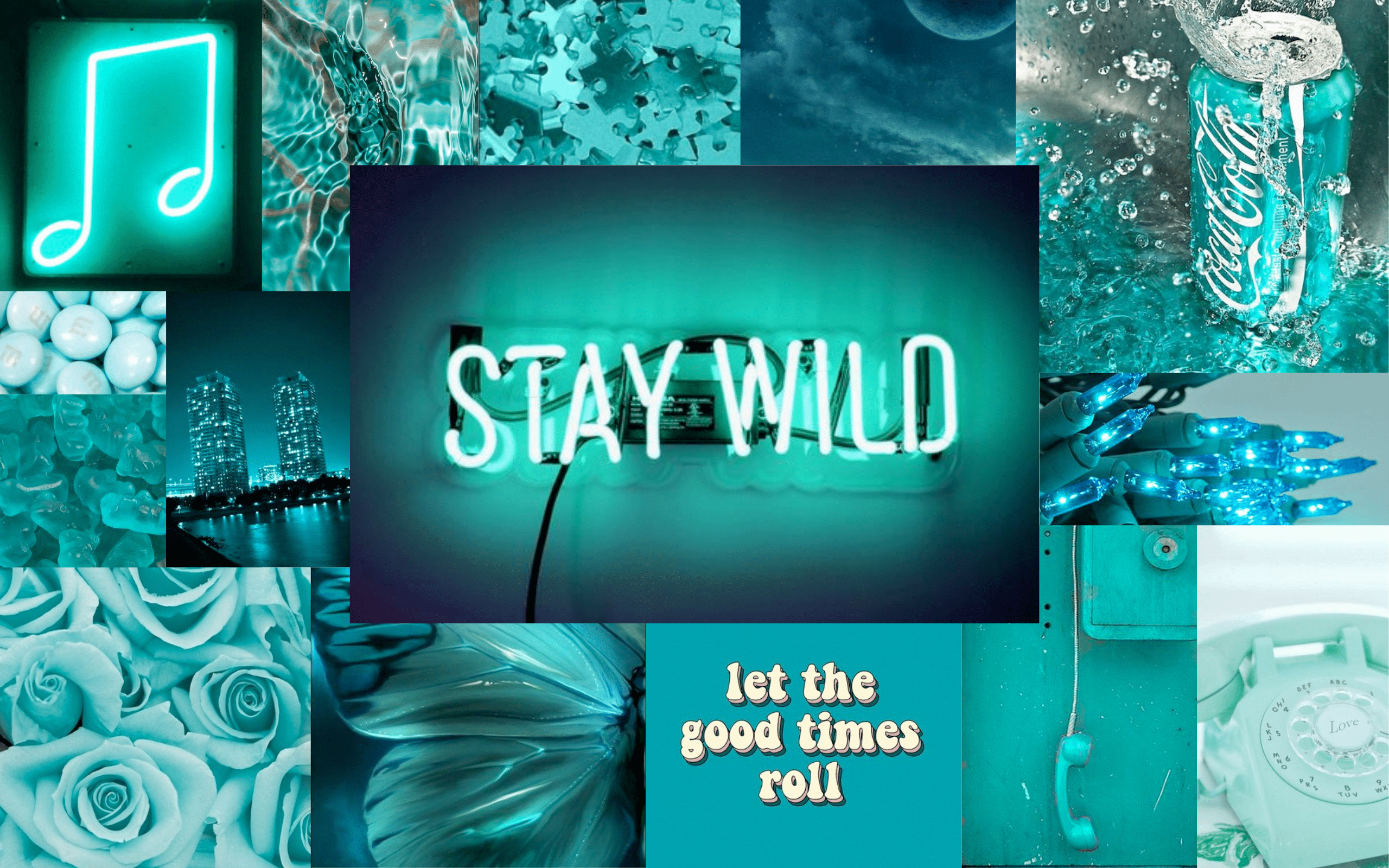 A collage of teal aesthetic images including roses, neon signs, and jellyfish. - Teal
