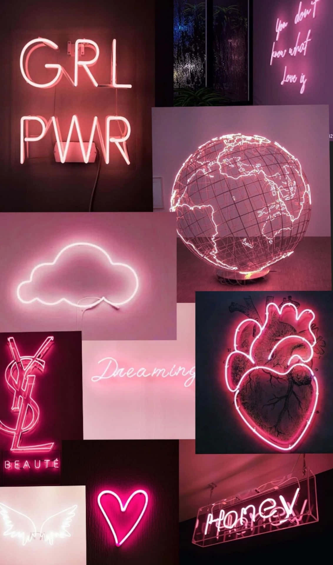 A collection of neon signs with different words - Light pink