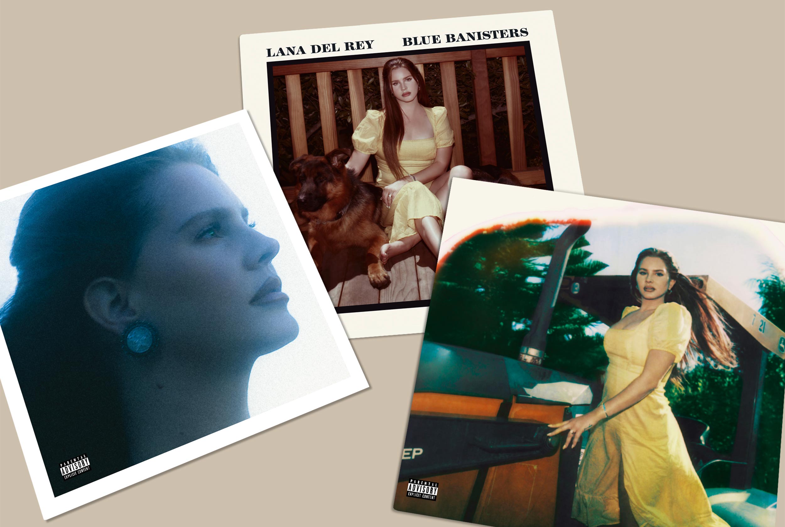 A collage of photos of singer-songwriter Lana Del Rey, including her album covers - Lana Del Rey