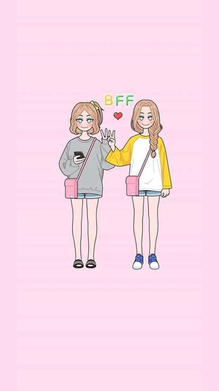 Two girls holding hands on a pink background - Bestie