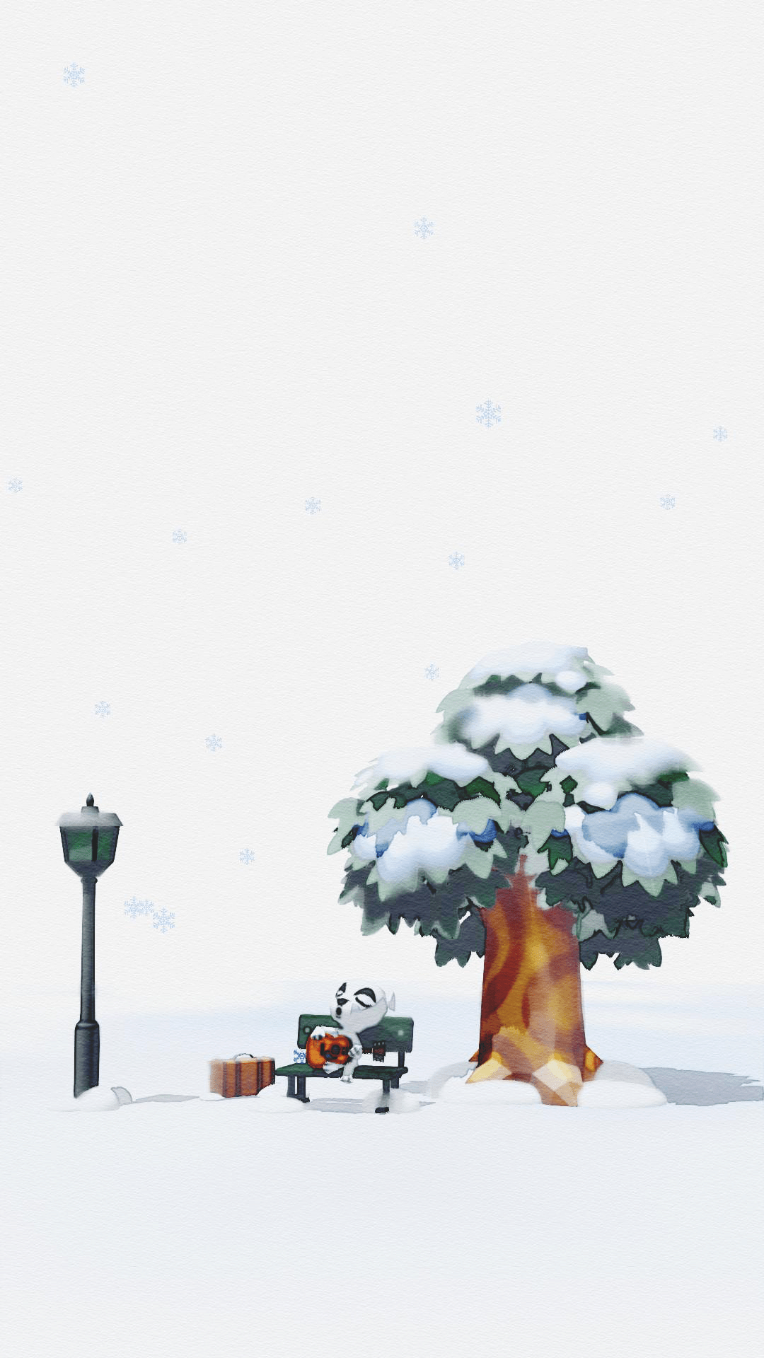 A snowy scene with trees and street lights - Animal Crossing