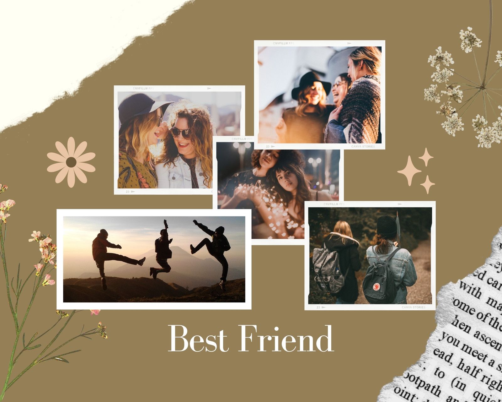 Collage of photos of friends, with text that reads 'Best Friend' on a brown background - Bestie