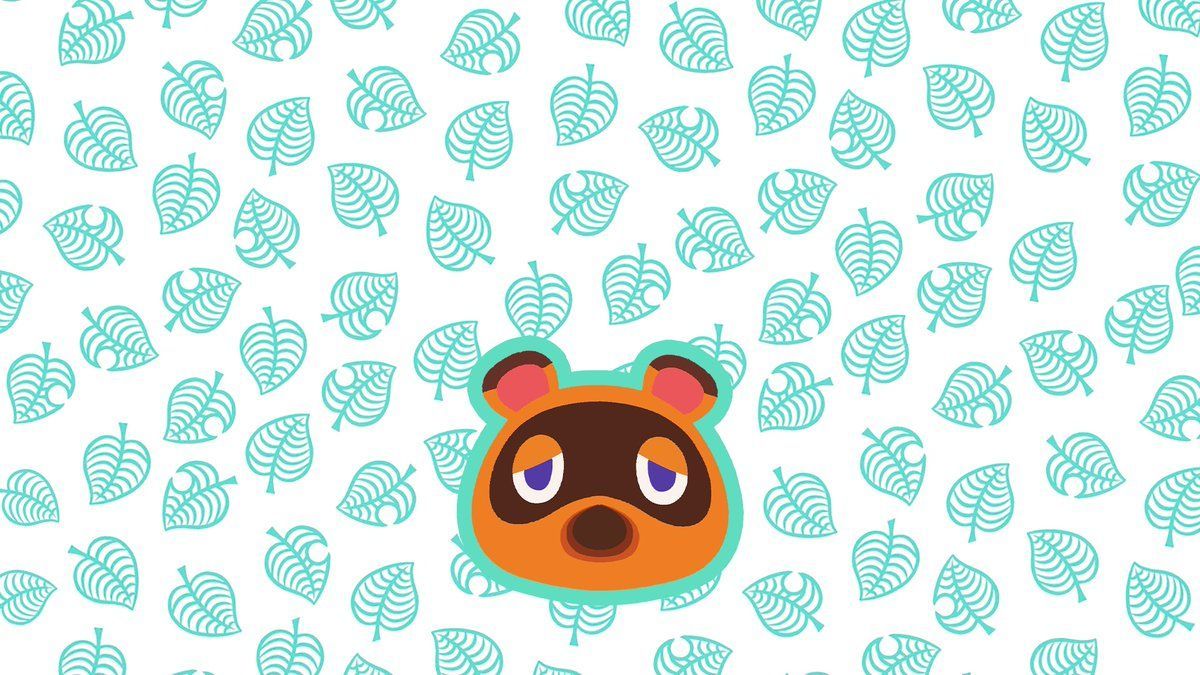 Tom Nook's face in the center of a pattern of blue leaves - Animal Crossing