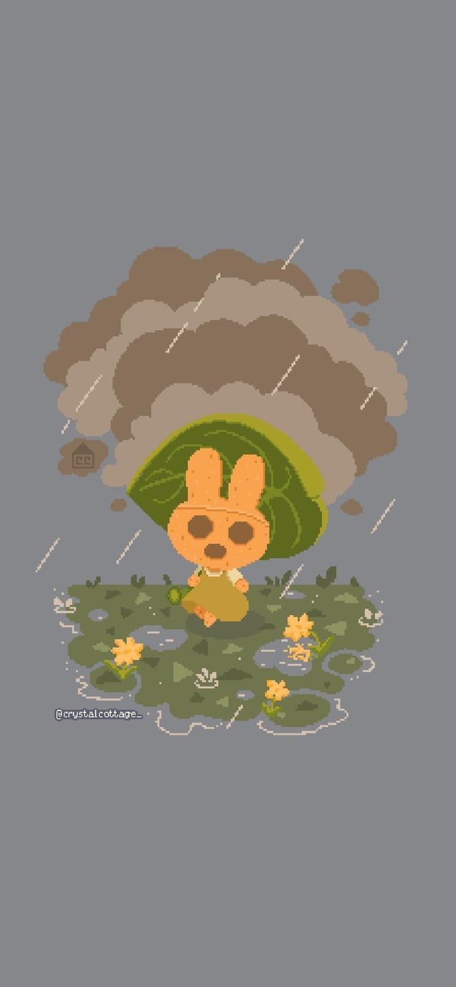 A pixel art illustration of a fox holding an umbrella in the rain. - Animal Crossing