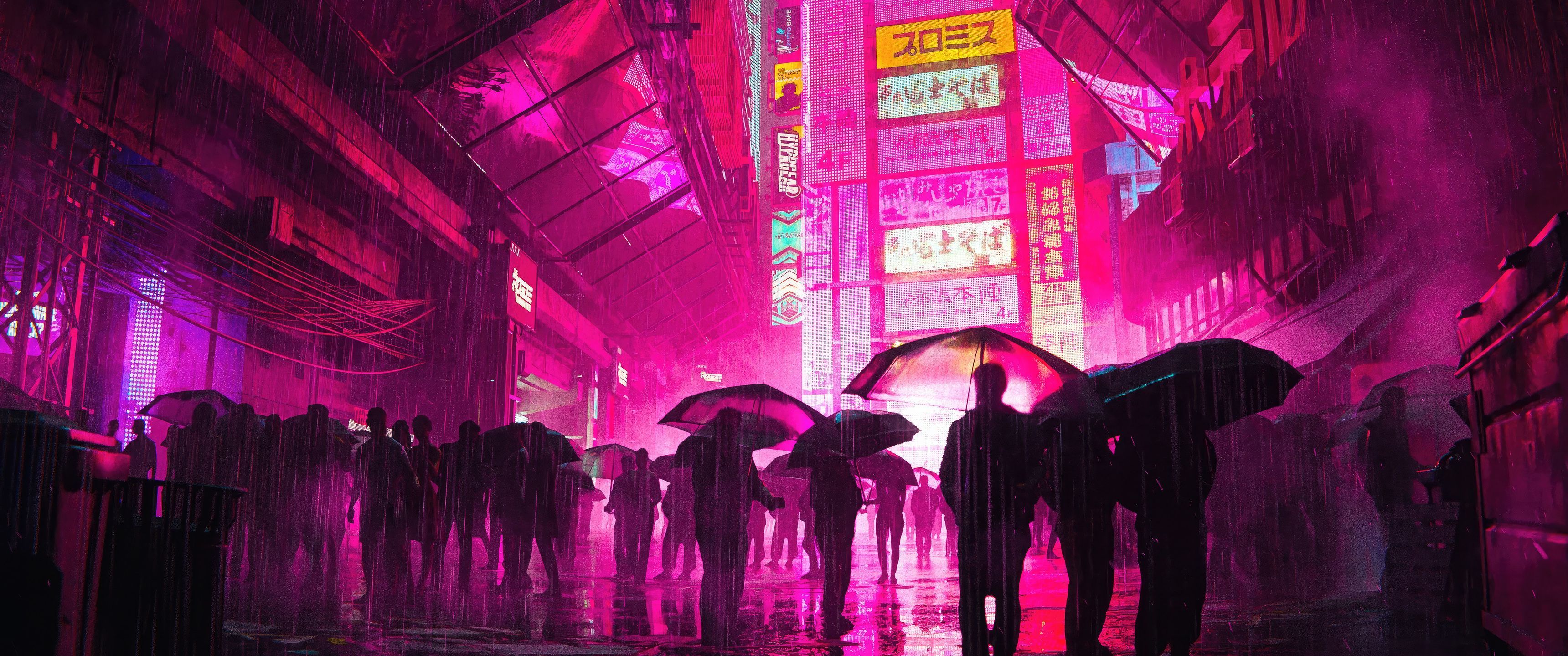People walking under umbrellas in a neon lit street - 3440x1440, neon pink