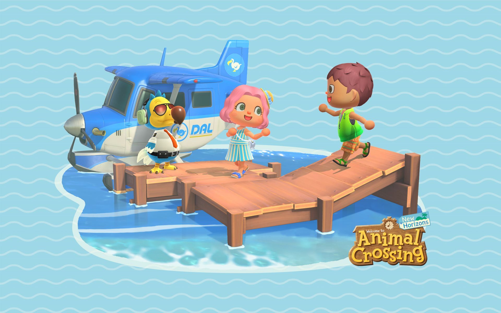 Three characters on a dock in front of a sea plane in Animal Crossing. - Animal Crossing