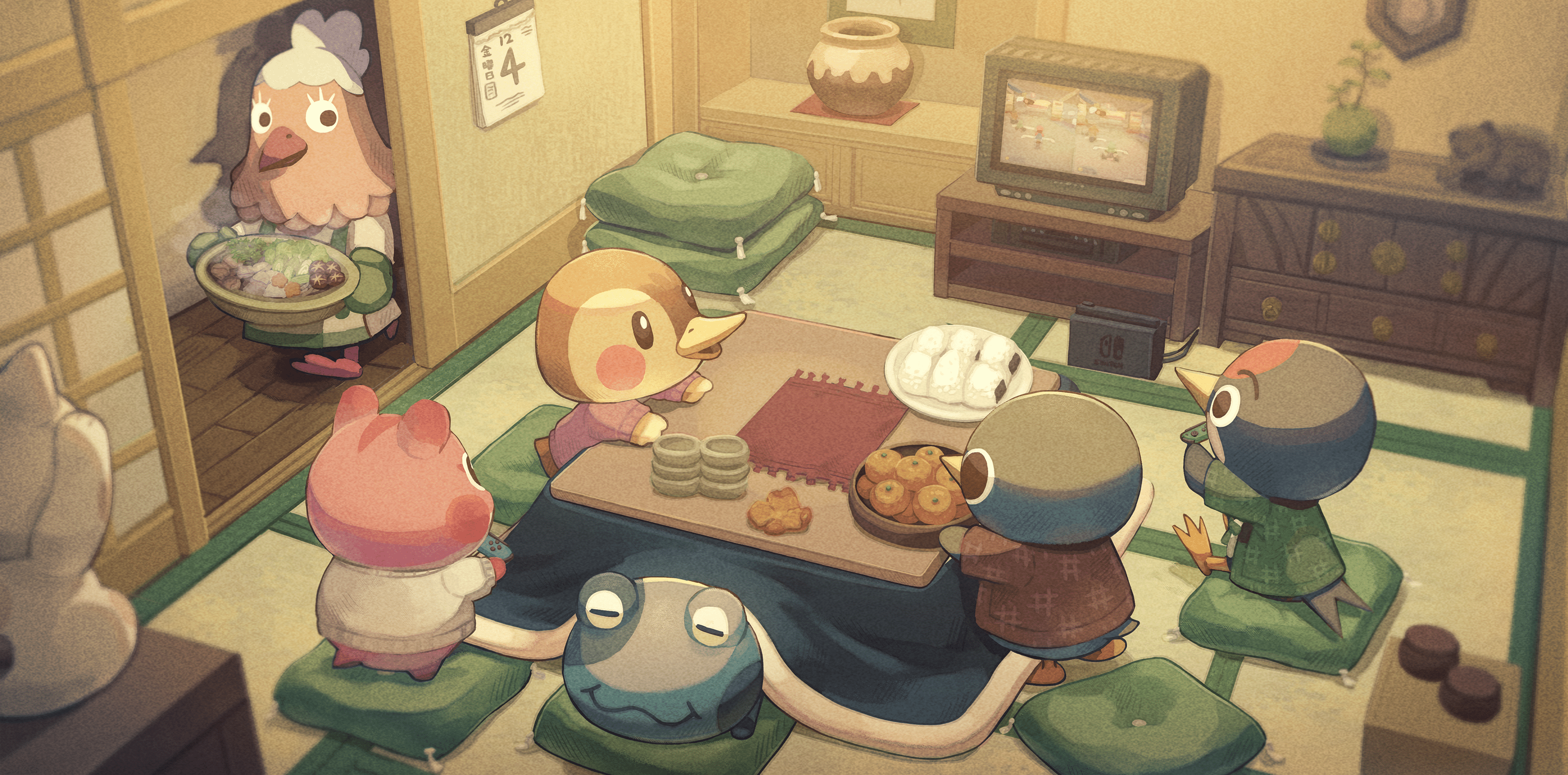 Six characters sit around a low table in a cozy room. - Animal Crossing