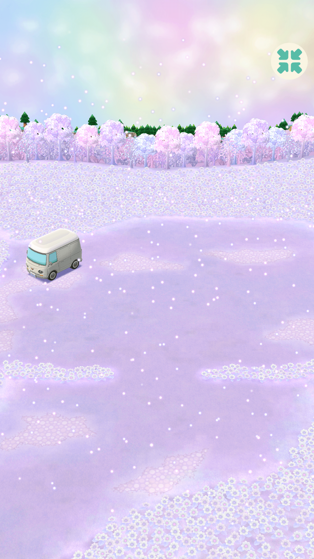 A van is driving through a snowy landscape with a forest of cherry trees in the background. - Animal Crossing