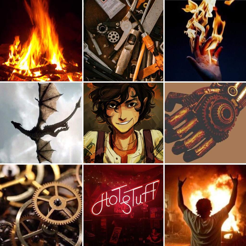 Fire themed aesthetic with images of fire, gears, a dragon, a glove, a man raising his hands, a neon sign, and a hand holding fire. - Leo Valdez