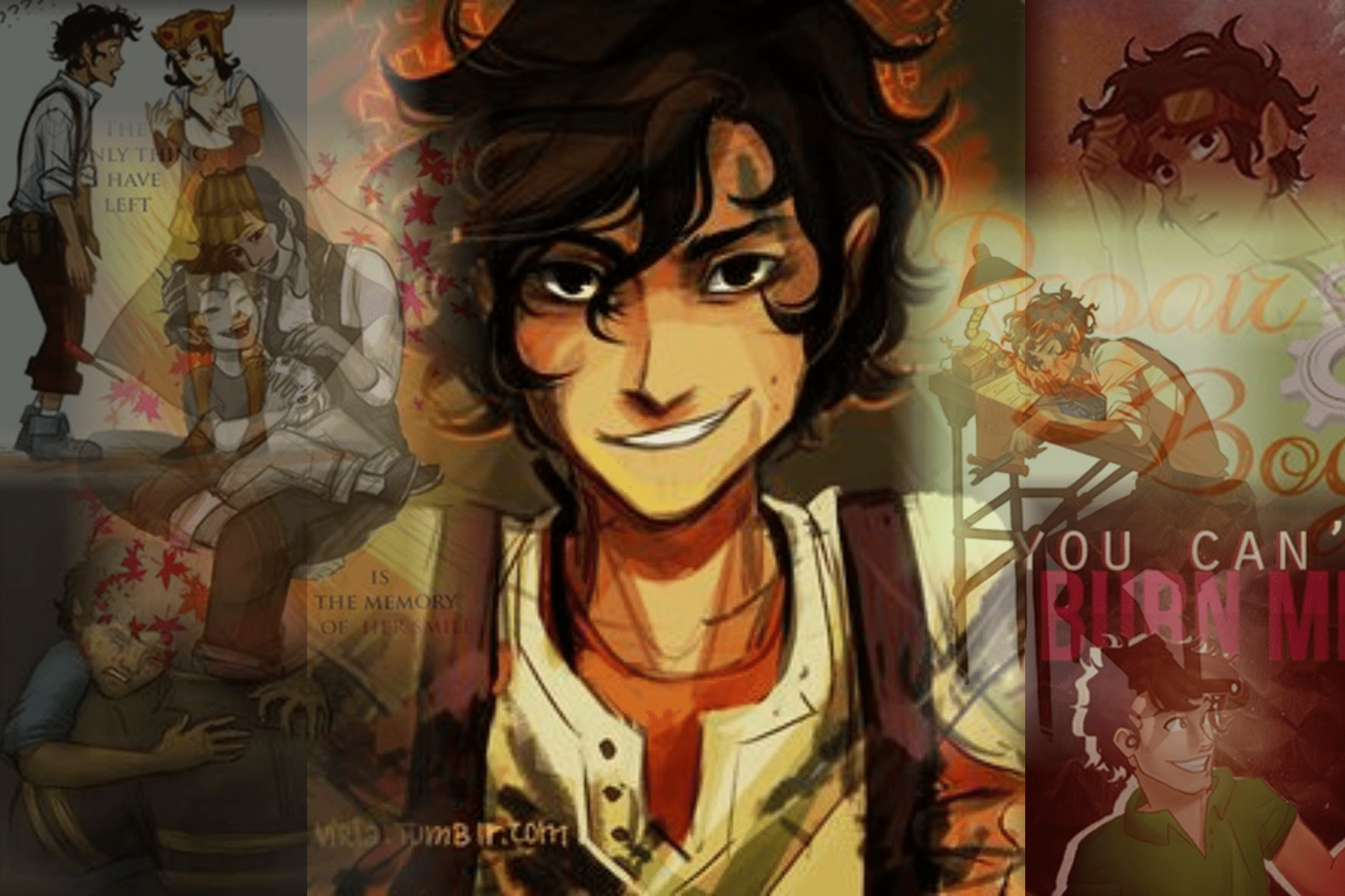 A collage of illustrations of a young man with dark hair and a red scarf. - Leo Valdez