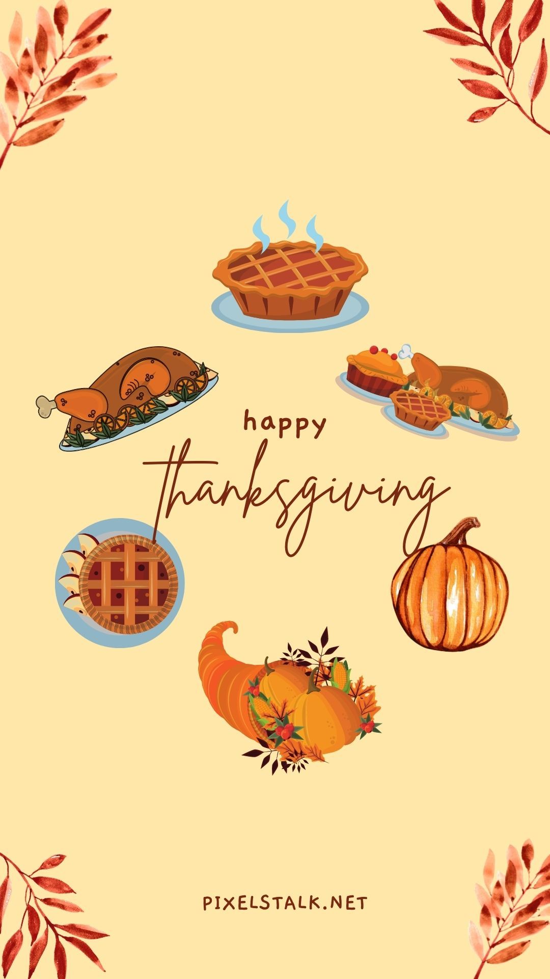 Thanksgiving background with traditional dishes and fall leaves. - Thanksgiving