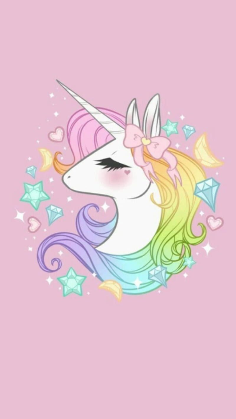 Unicorn with rainbow colored mane, pink background, wallpaper for phone, hearts and diamonds in the background - Unicorn