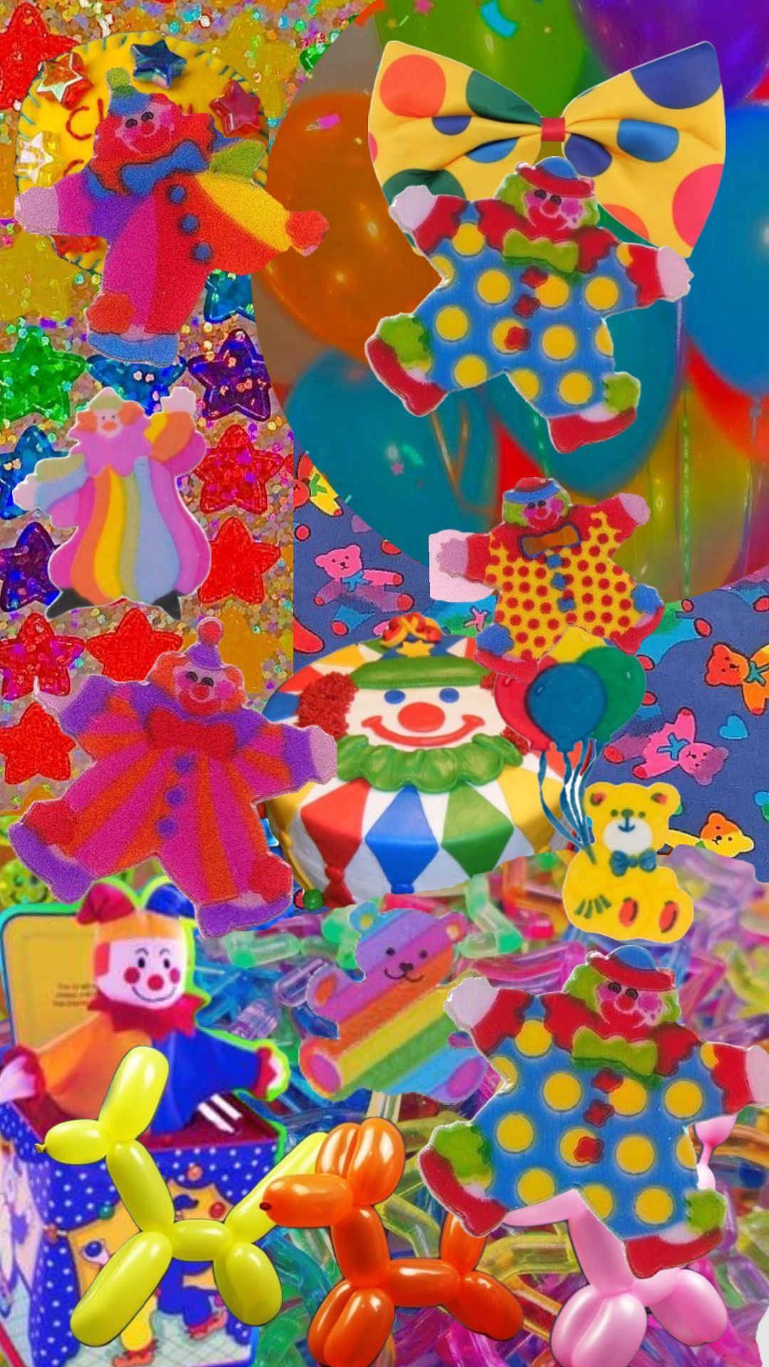 IPhone wallpaper with colorful circus balloons, clowns, and animals. - Clown, clowncore
