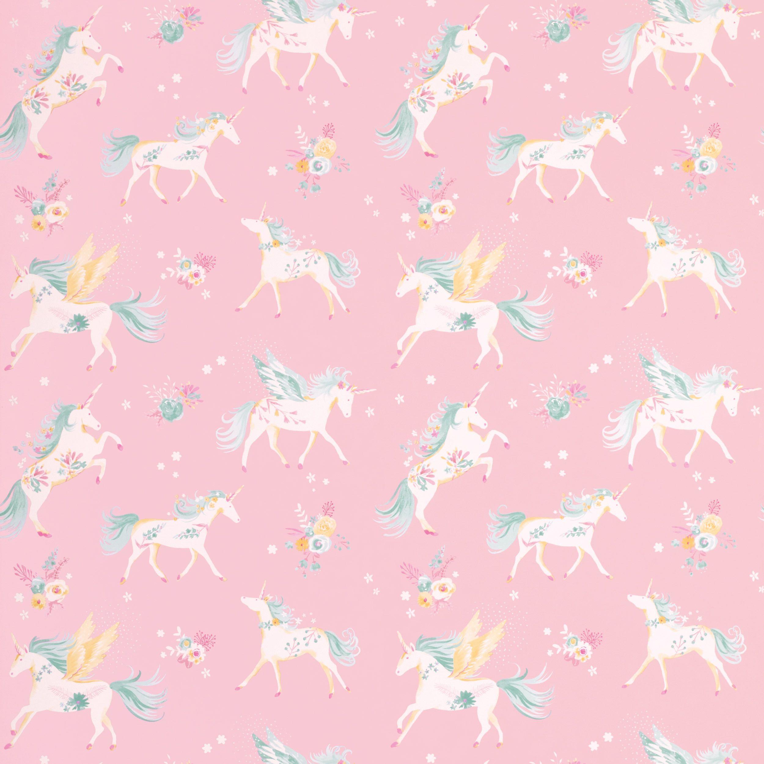 A pink background with white unicorns and flowers - Unicorn