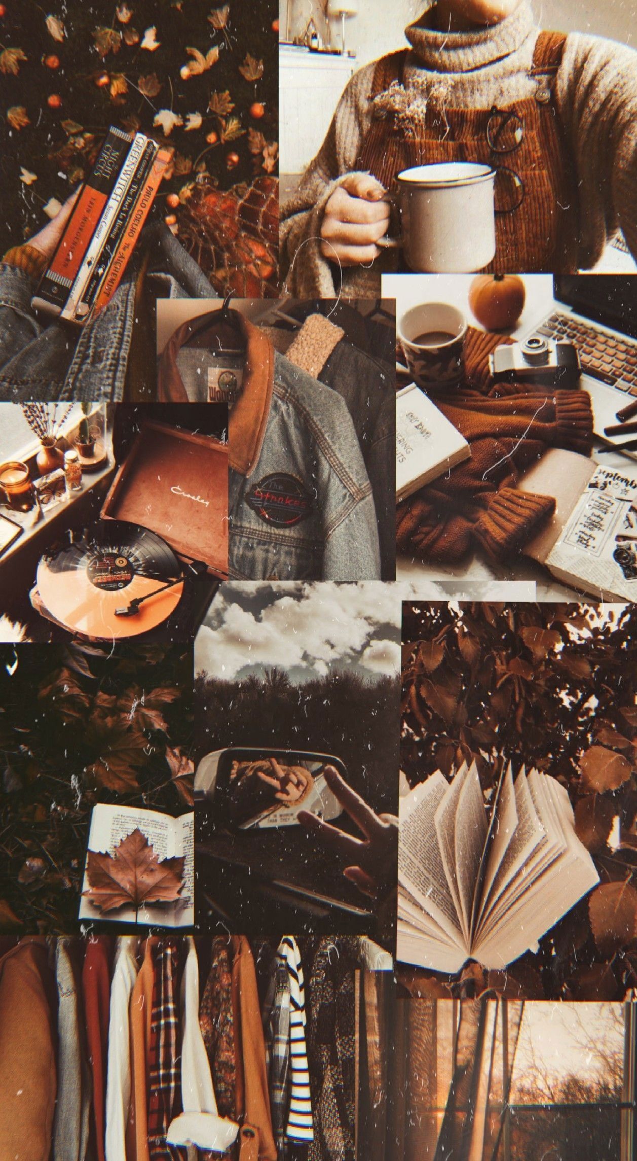 Aesthetic background with photos of books, sweaters, cups of coffee, and leaves. - Brown, fall, collage
