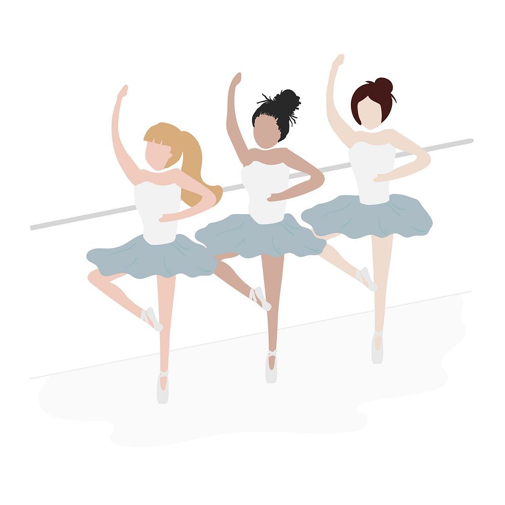 Three young women of different ethnicities wearing blue tutus and pointe shoes, holding a barre. - Ballet