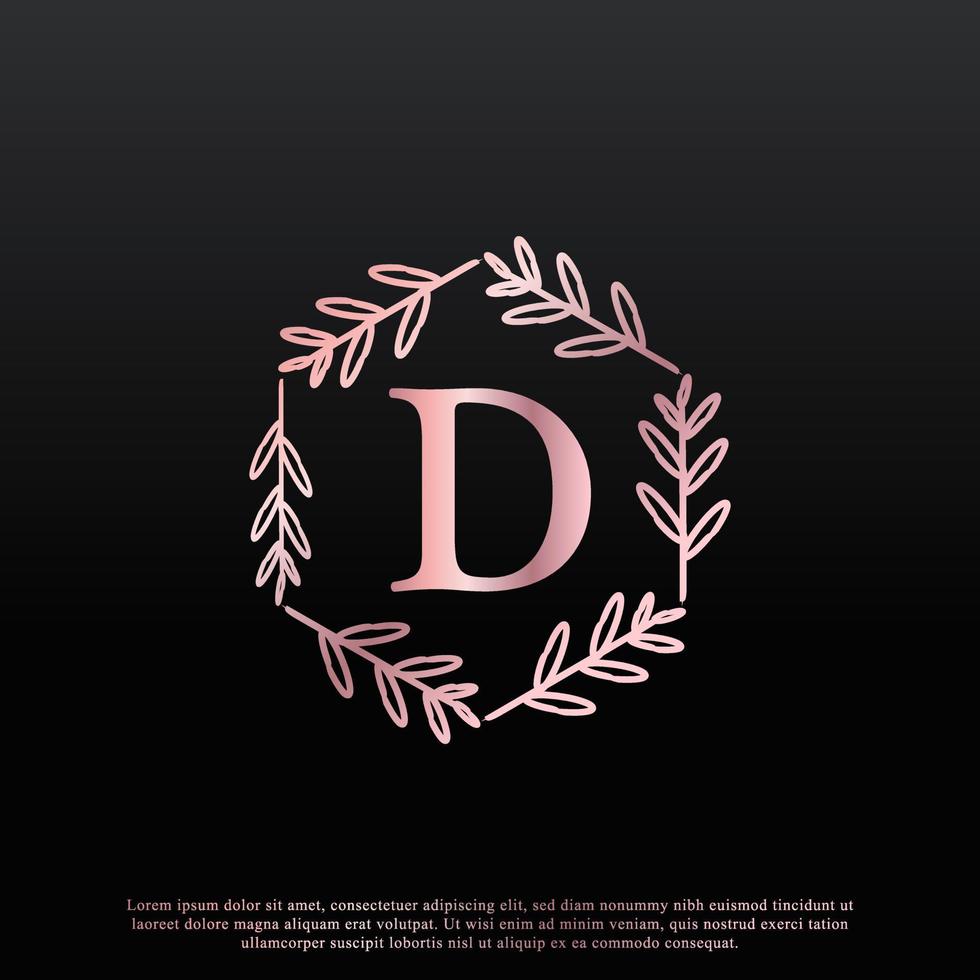 Elegant D Letter Hexagon Floral Logo with Creative Elegant Leaf Monogram Branch Line and Pink Black Color. Usable for Business, Fashion, Cosmetics, Spa, Science, Medical and Nature Logos. Vector Art