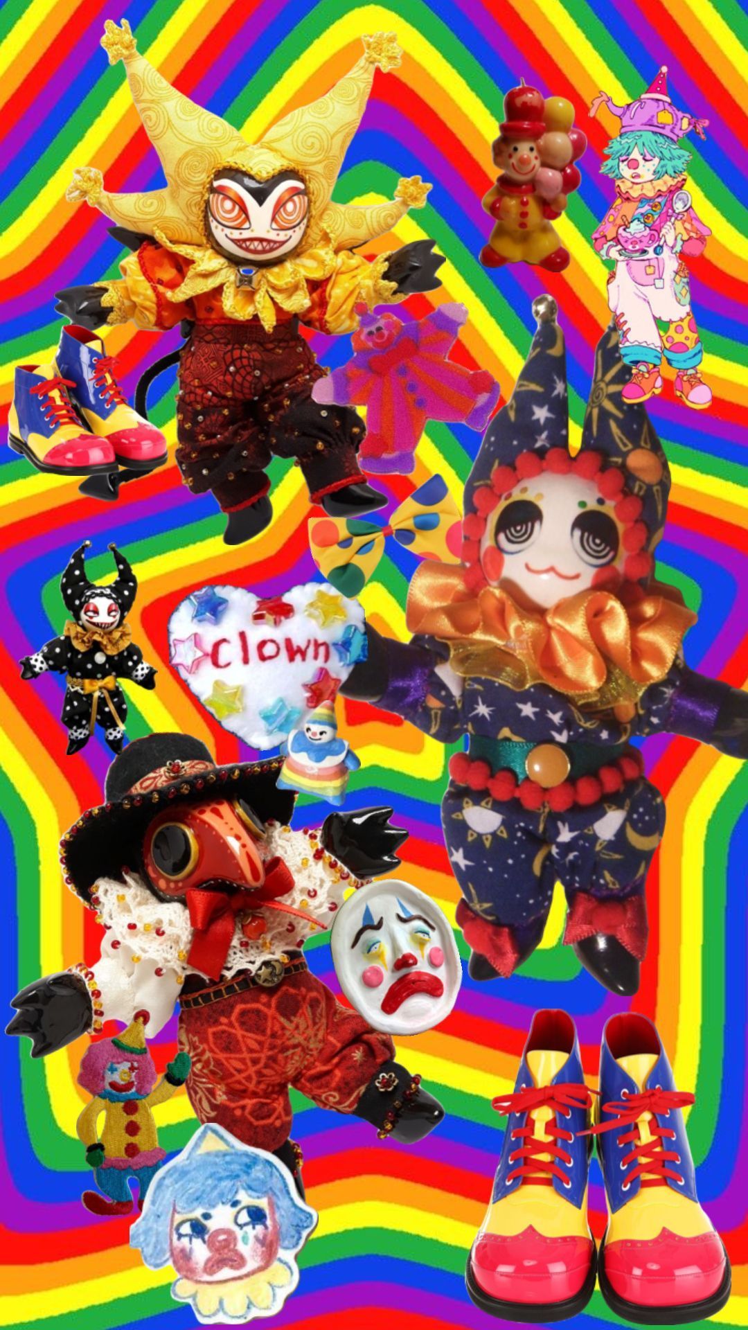 Clowns and toys on a rainbow background - Clown