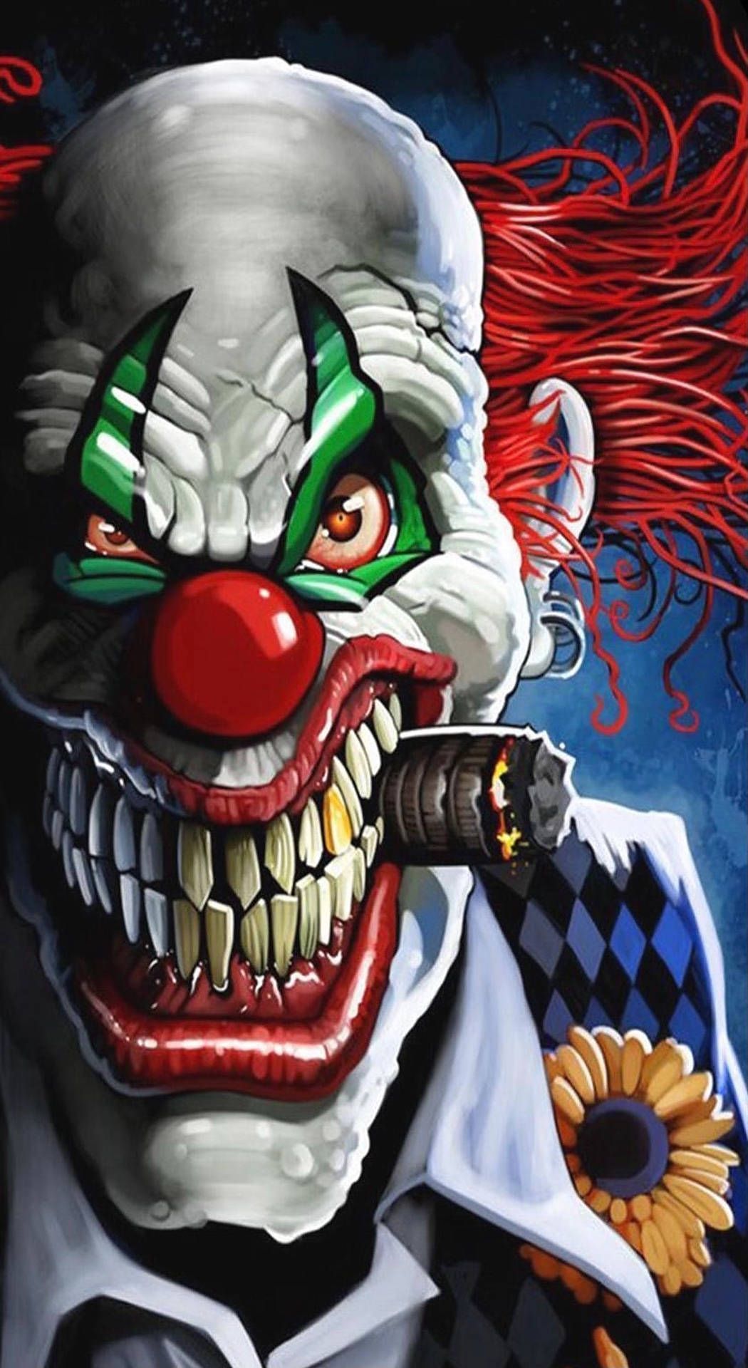 A clown with green eyes and red hair smoking - Clown