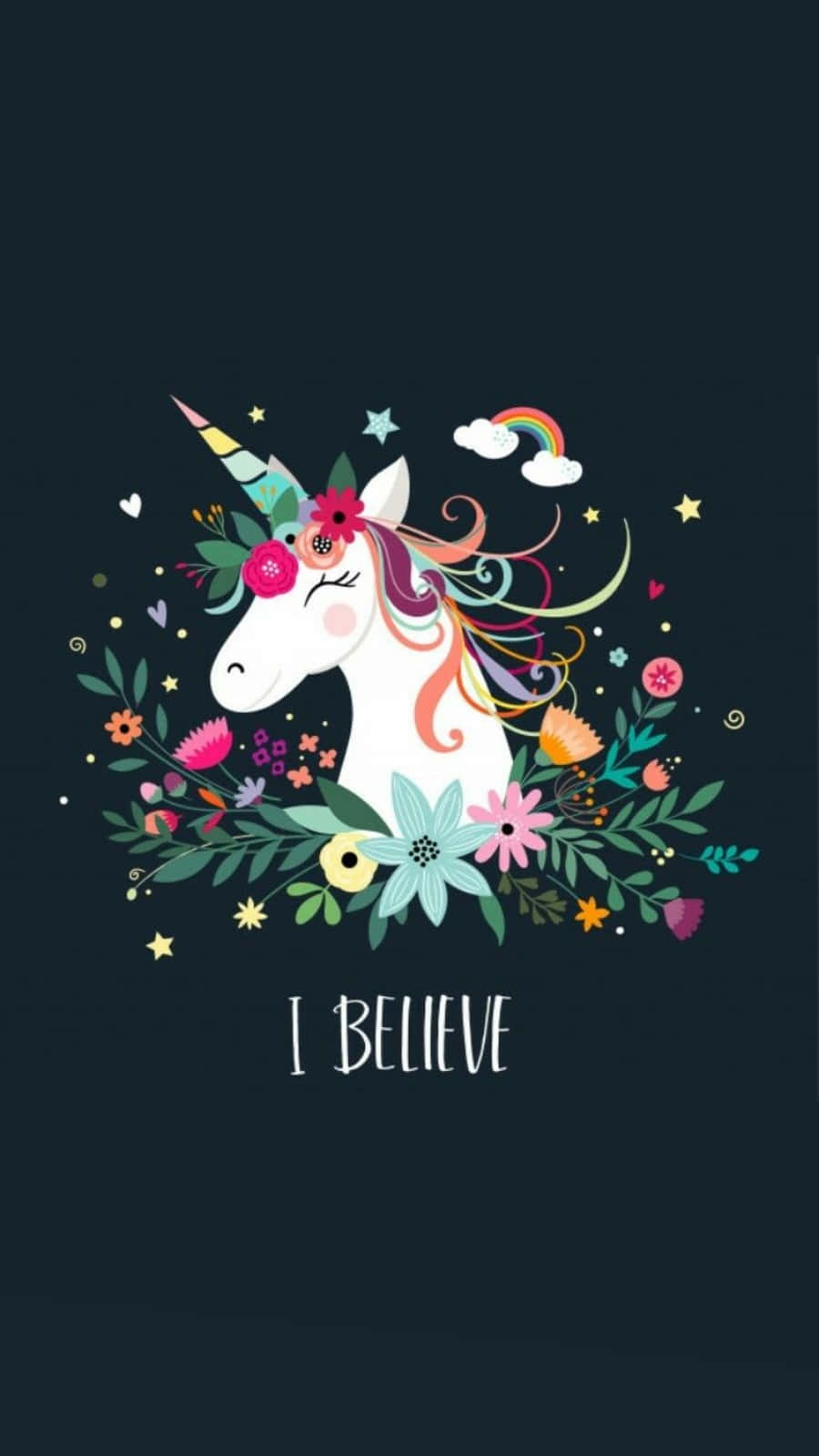 A dark blue wallpaper with a unicorn and the words 