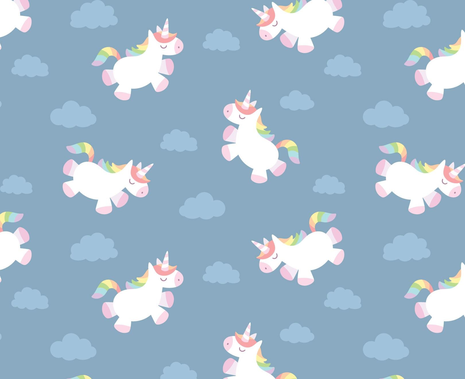 A pattern of cartoon unicorns and clouds on a blue background - Unicorn