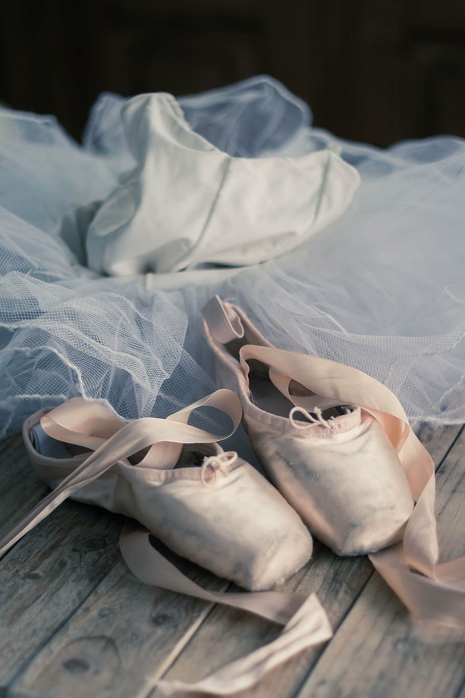 A pair of ballet shoes and tutu on the floor - Ballet