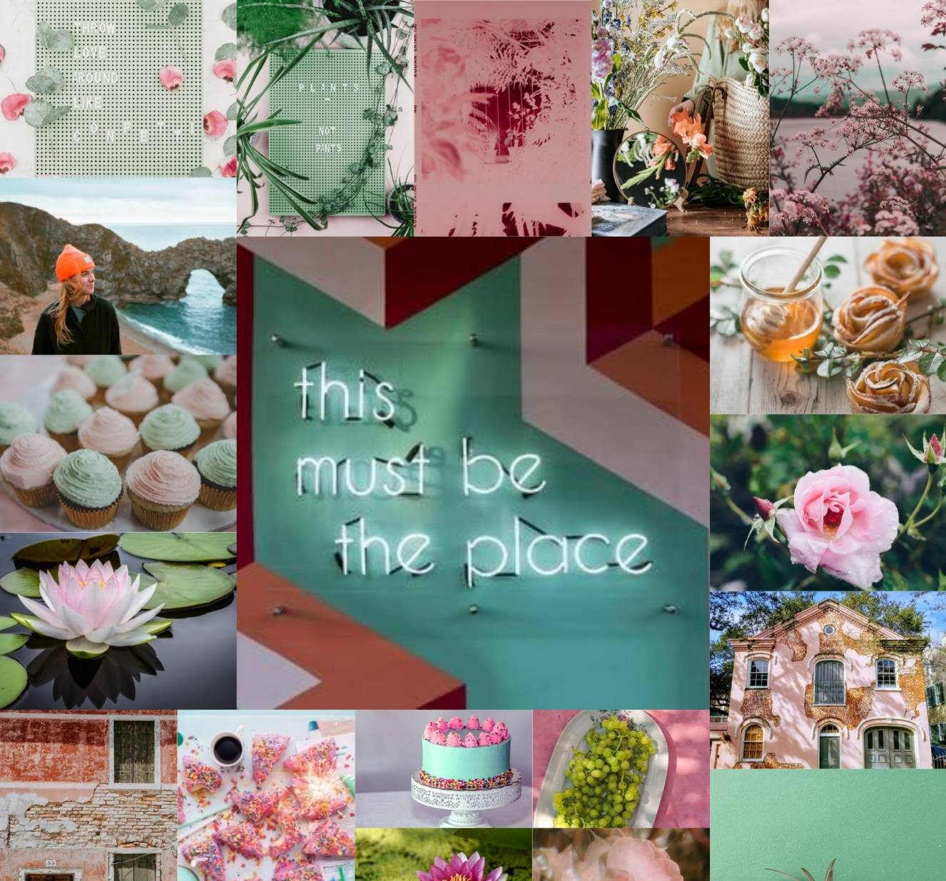 A collage of photos in green, pink, and blue, with the words 