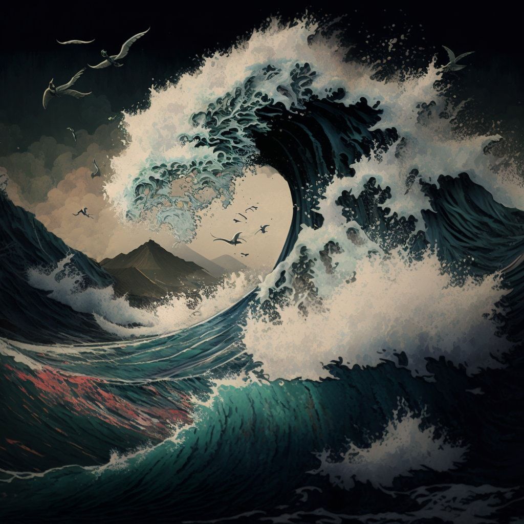 A wave crashes in the ocean, with seagulls flying around it. - The Great Wave off Kanagawa