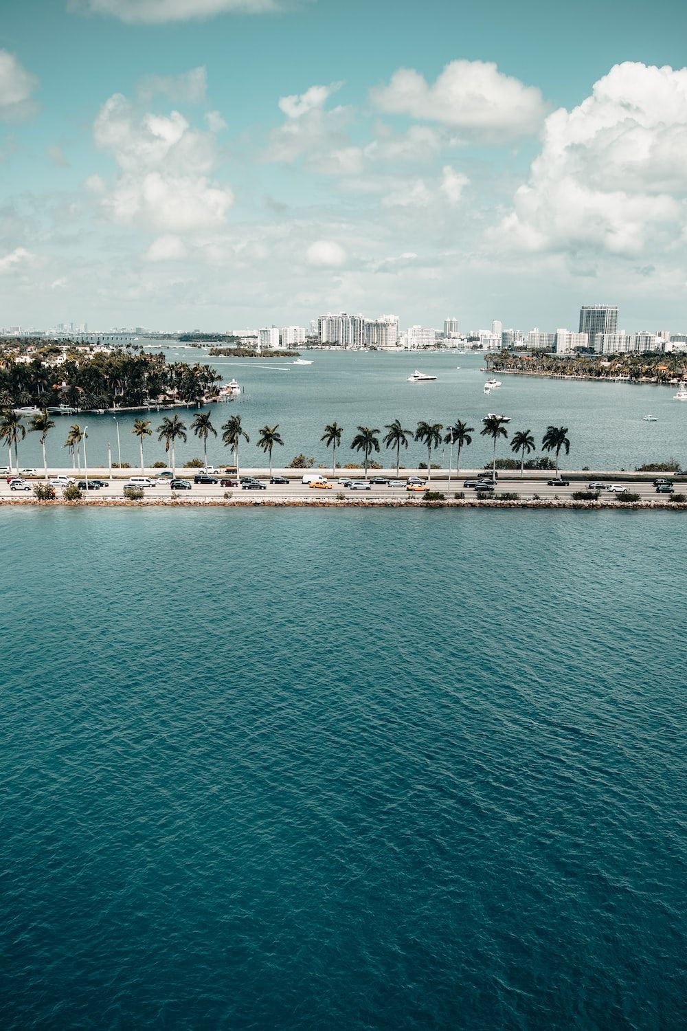 Aerial view of the city of Miami with palm trees and boats in the water - Miami