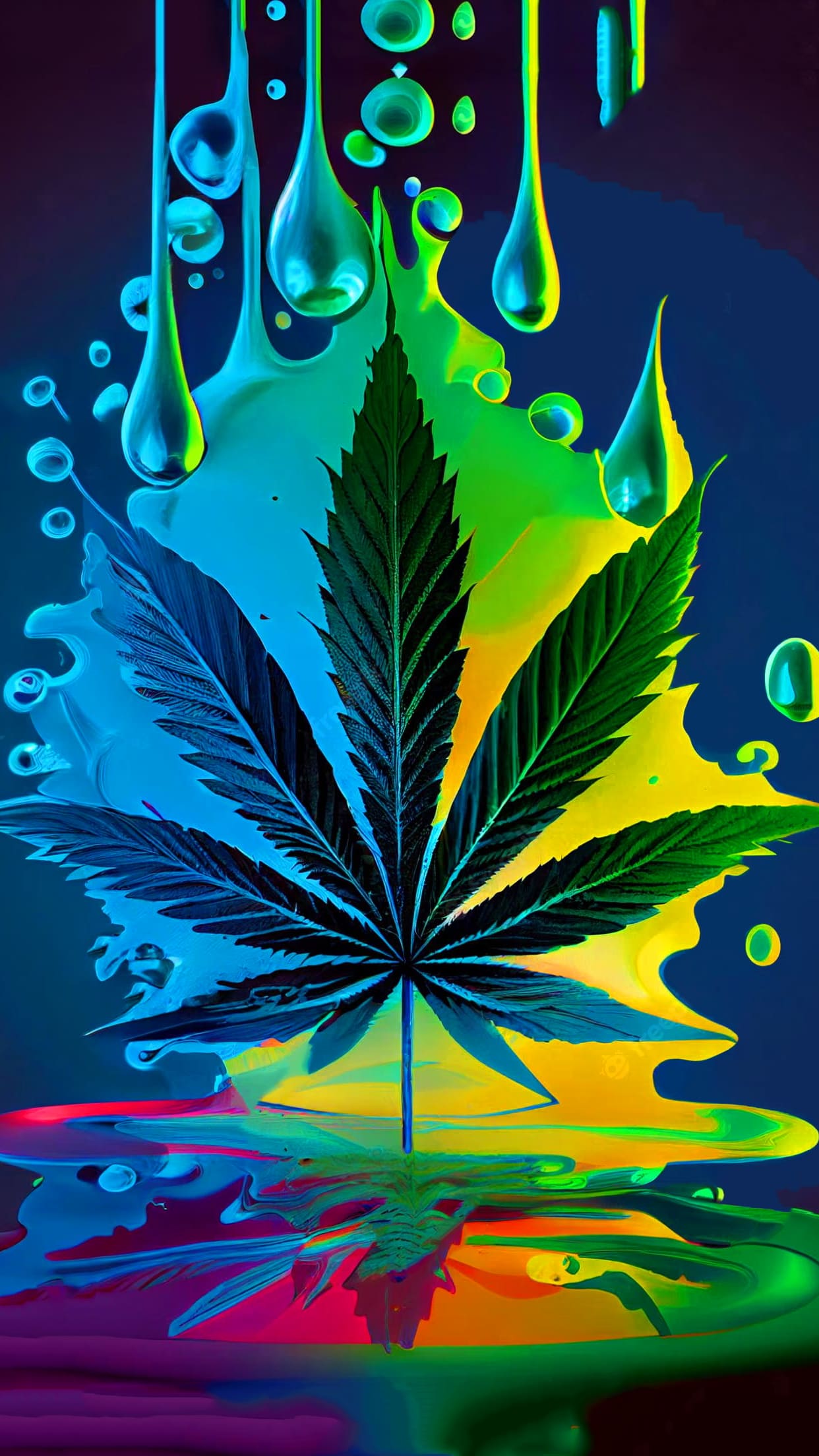 A cannabis leaf is painted in rainbow colors - Weed