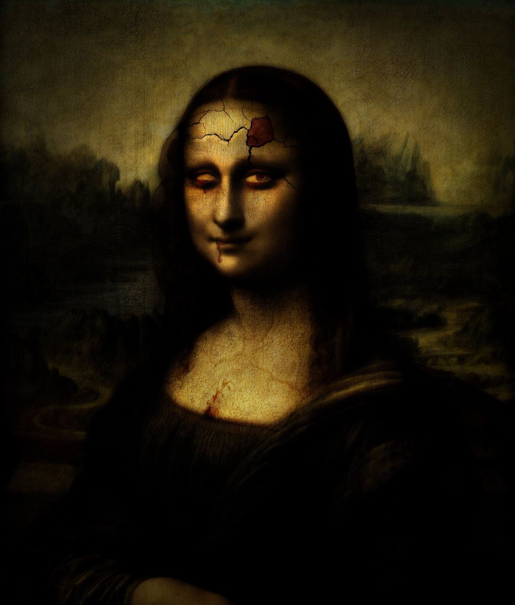 The painting of Mona Lisa is shown with a cracked face and a bloodied eye. - Mona Lisa