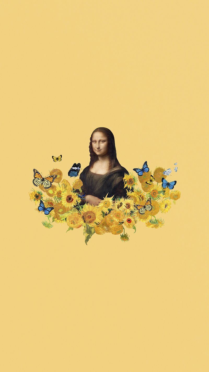 A yellow background with flowers and butterflies - Mona Lisa