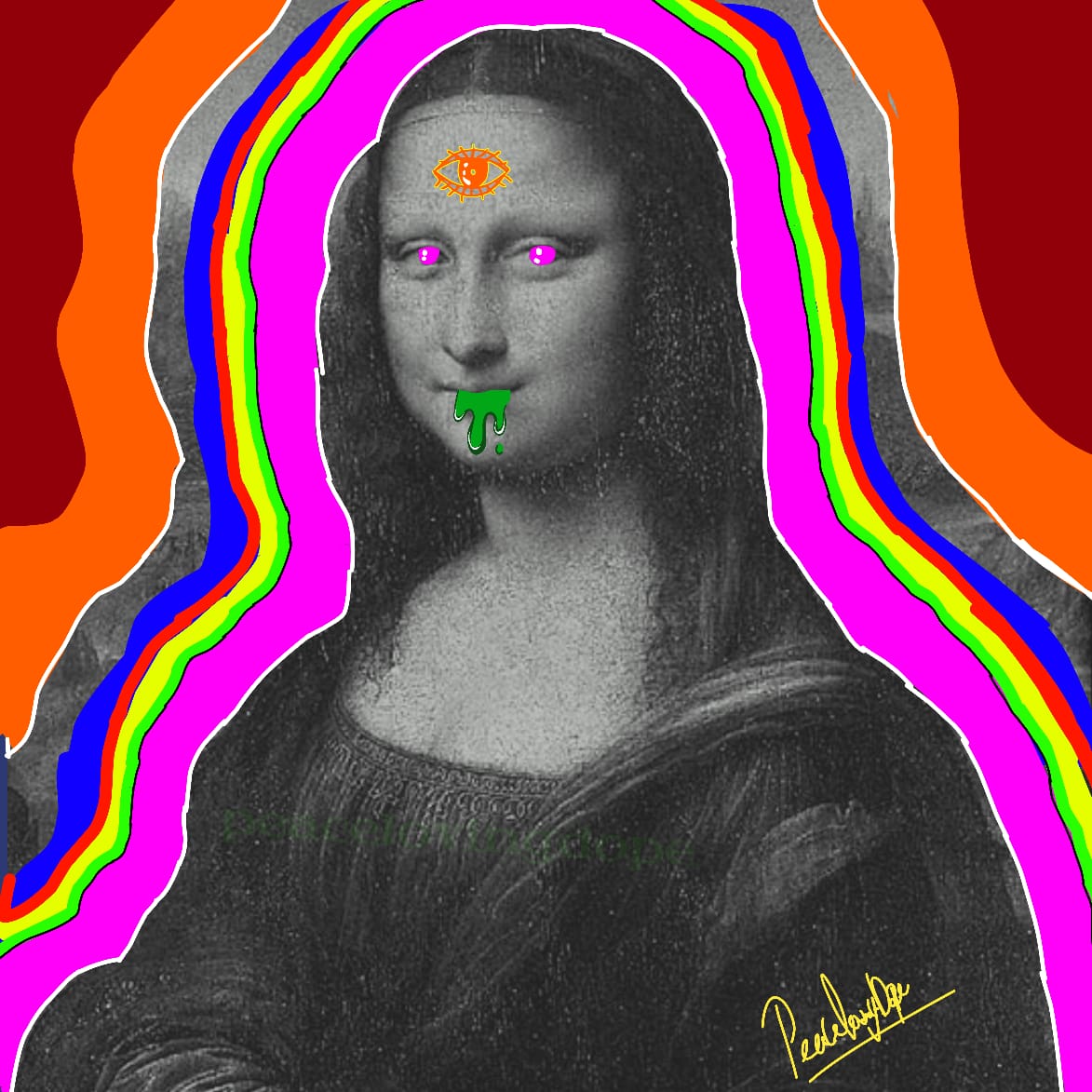 A digital collage of the Mona Lisa with a rainbow, an eye emoji, and a green tongue. - Mona Lisa