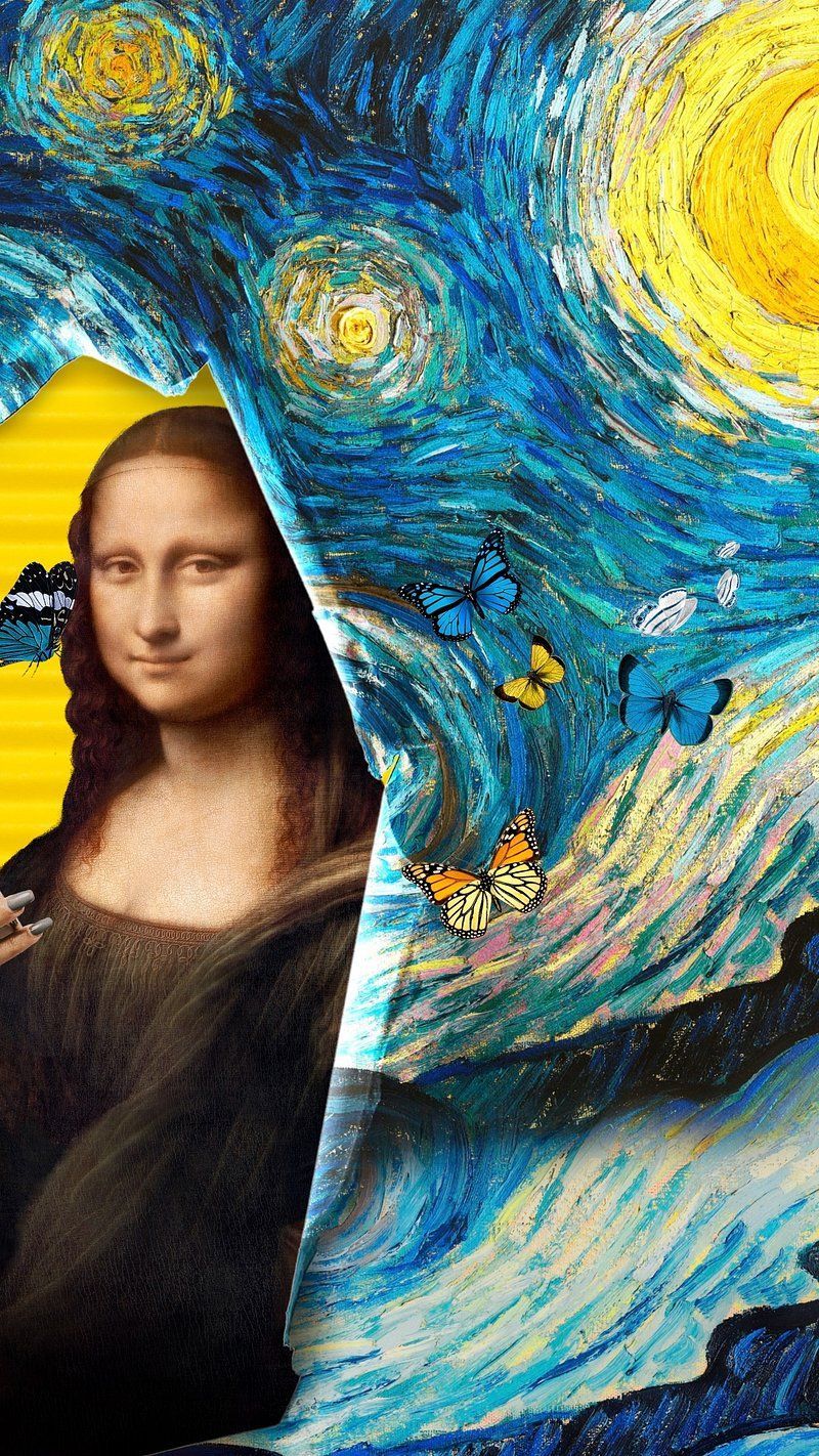 A painting of a woman with a smile on her face and a yellow sun above her head. - Mona Lisa, The Starry Night