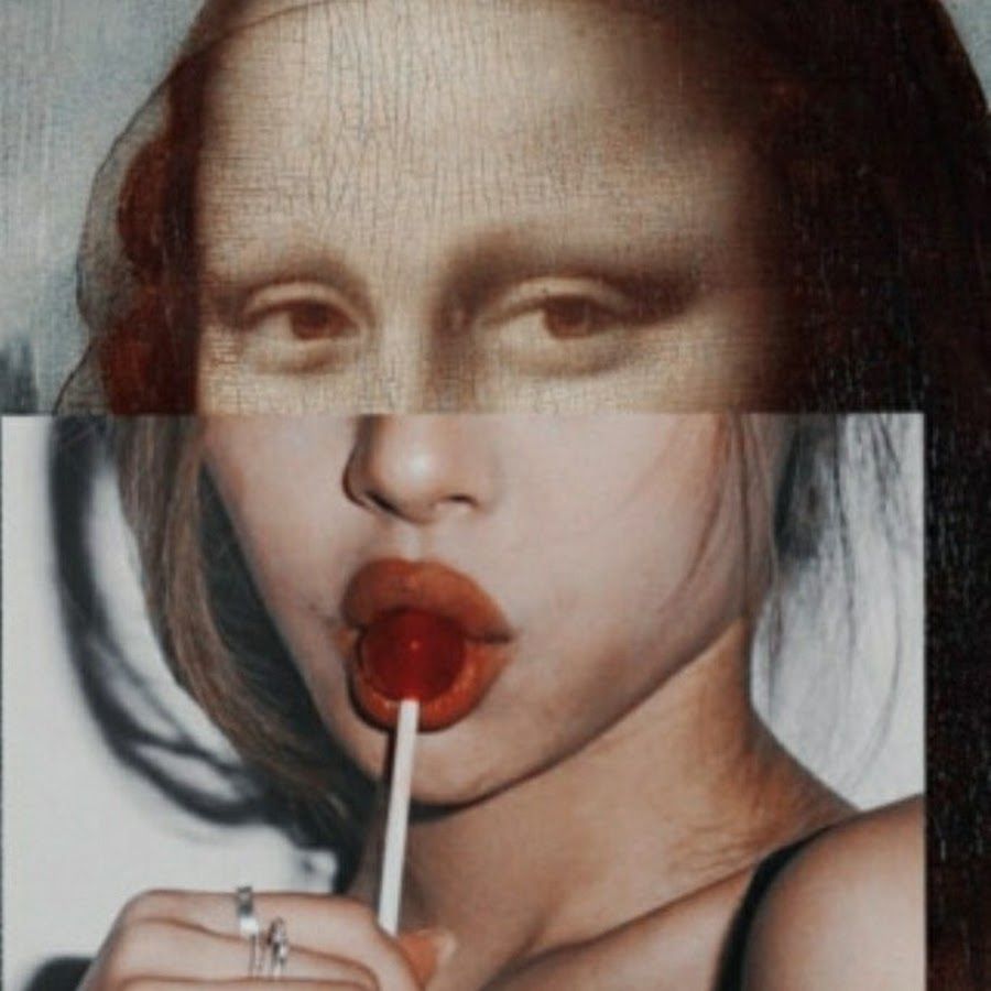 A woman is holding lollipop in her mouth - Mona Lisa