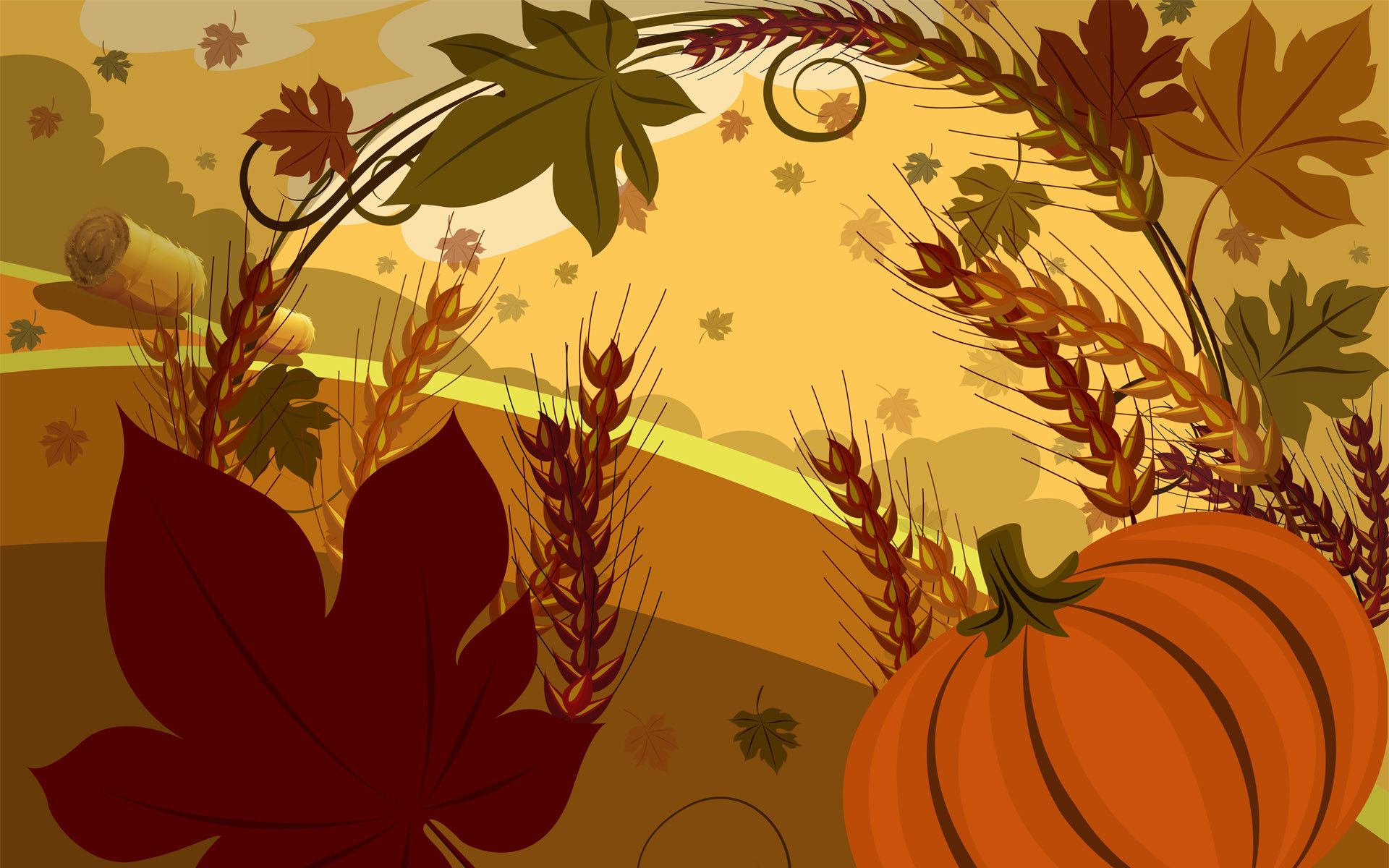 A pumpkin and wheat on a background of autumn leaves - Thanksgiving