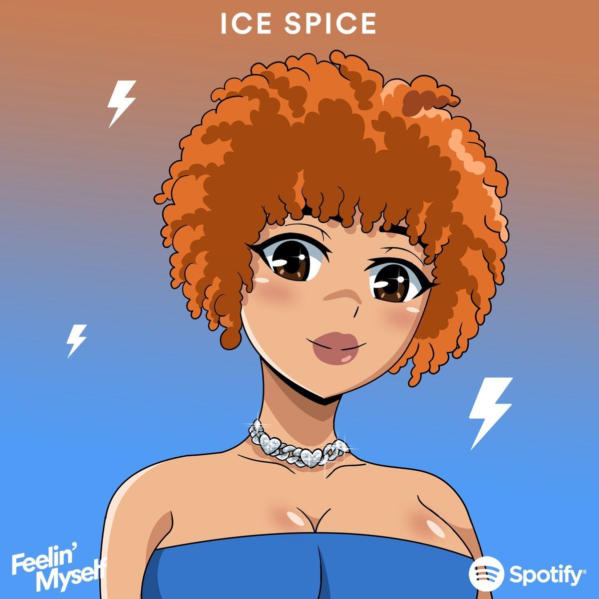 An animated Spice Girl with a red afro, wearing a blue strapless dress and a choker. - Ice Spice