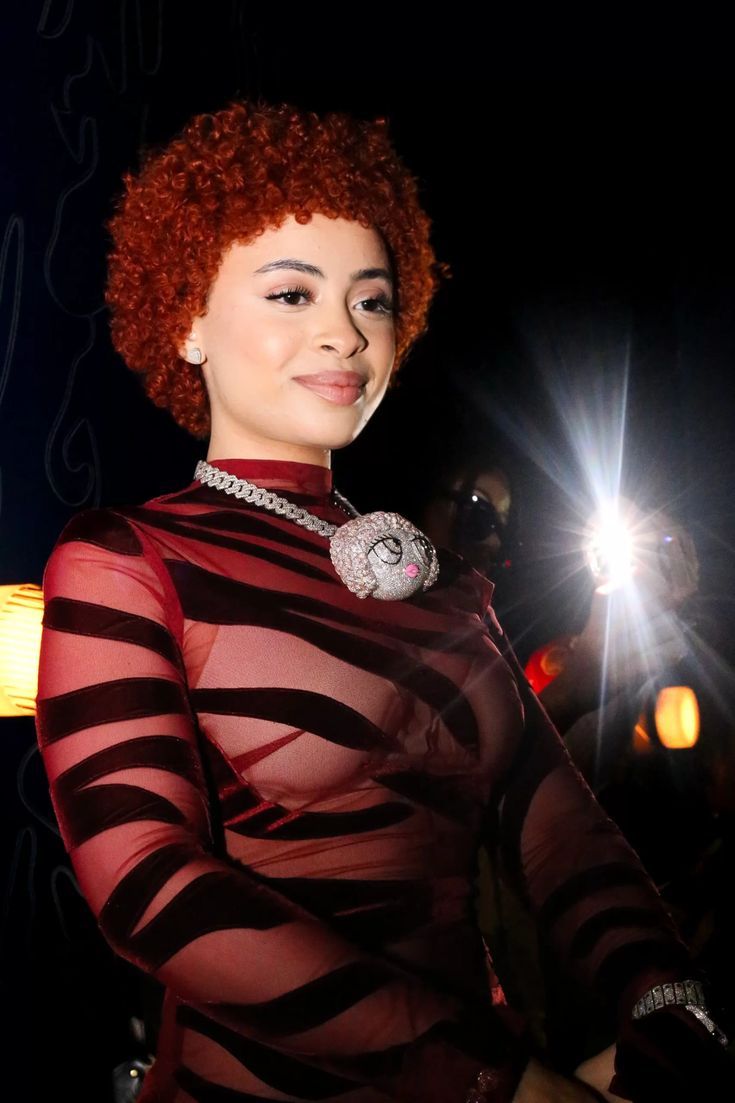 The 24-year-old model, who is the daughter of the late, great Michael Jackson, was seen in a sheer striped dress and red afro wig. - Ice Spice