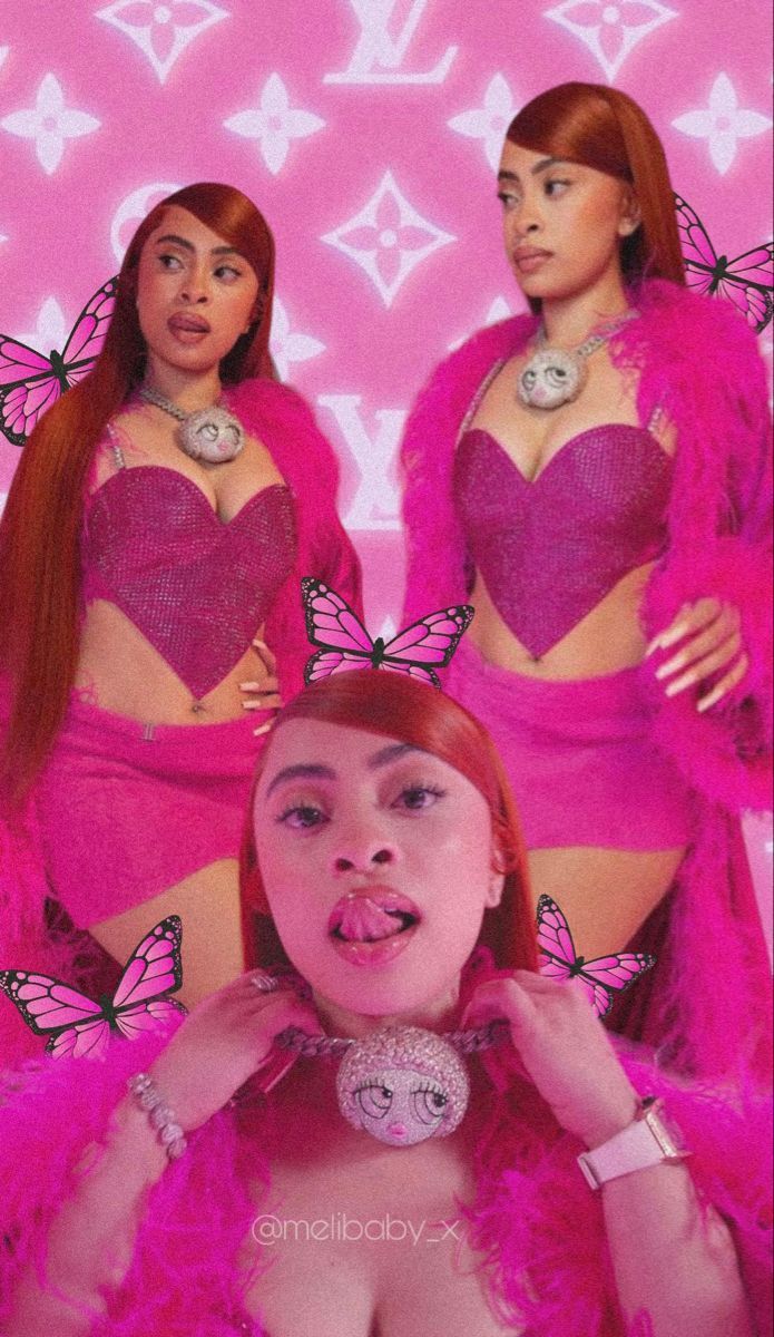 A collage of a woman in a pink outfit with butterflies around her - Ice Spice