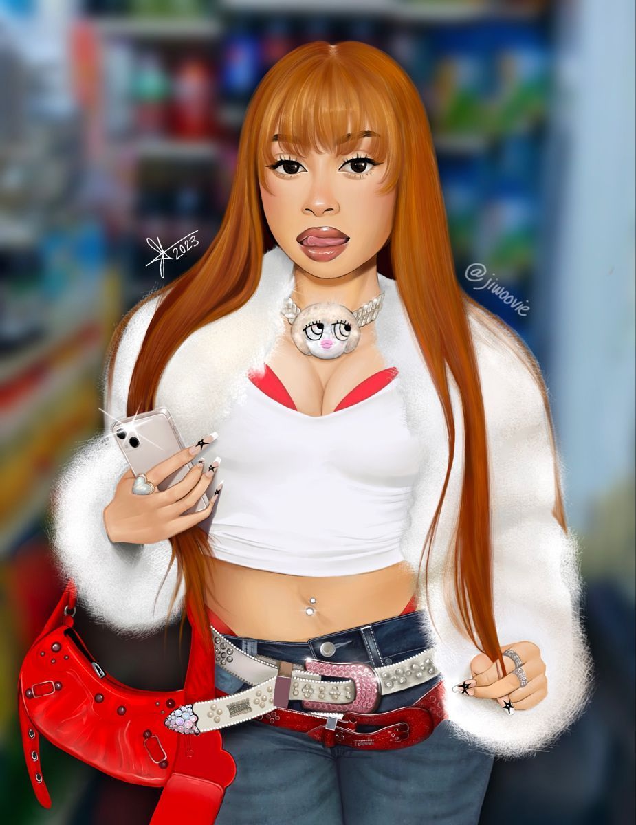 Digital painting of a girl with long red hair, white top, red purse, and holding a phone. - Ice Spice